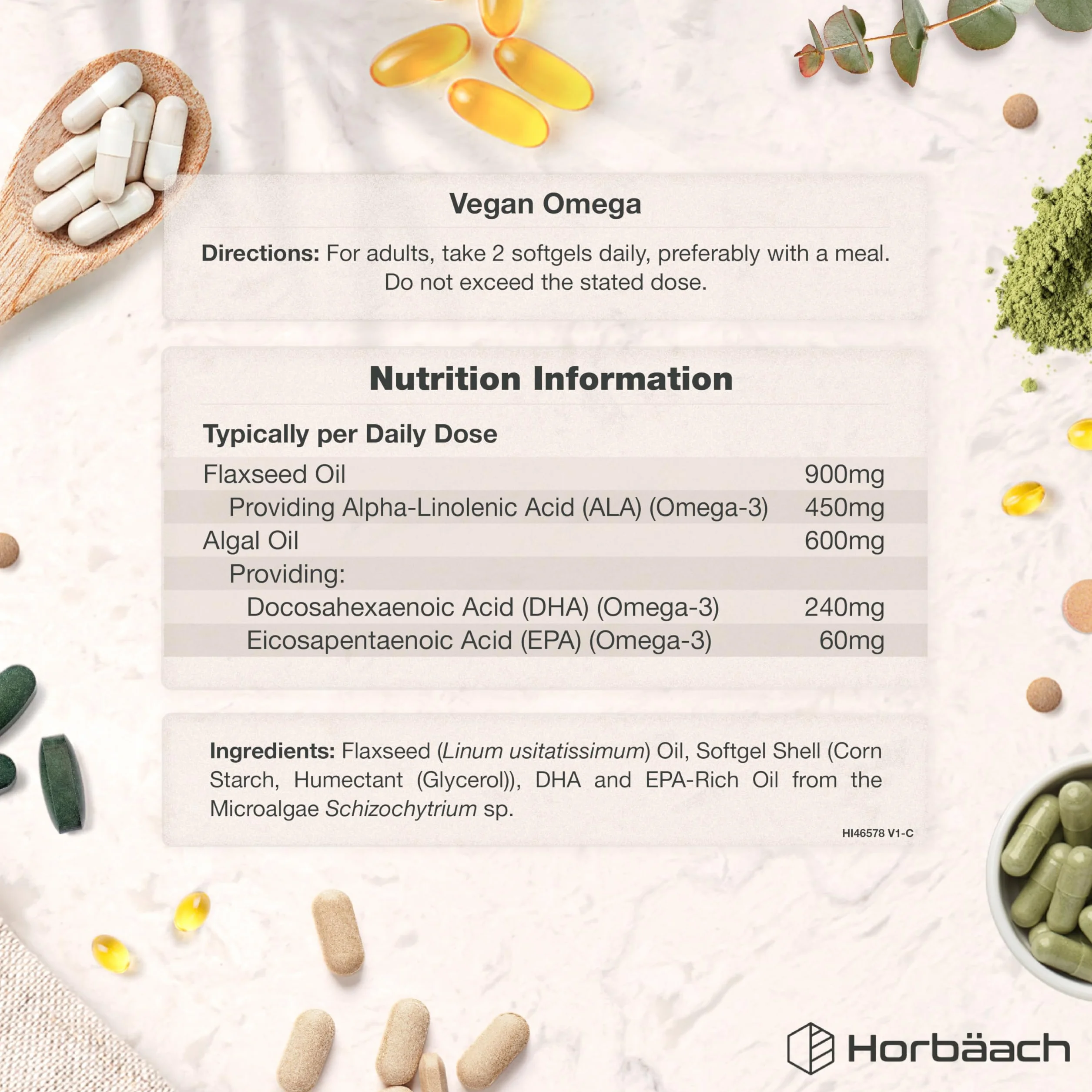 Horbaach Omega 3 DHA z oleju z Alg 1500mg 60 kapsułek 450mg ALA 240mg DHA