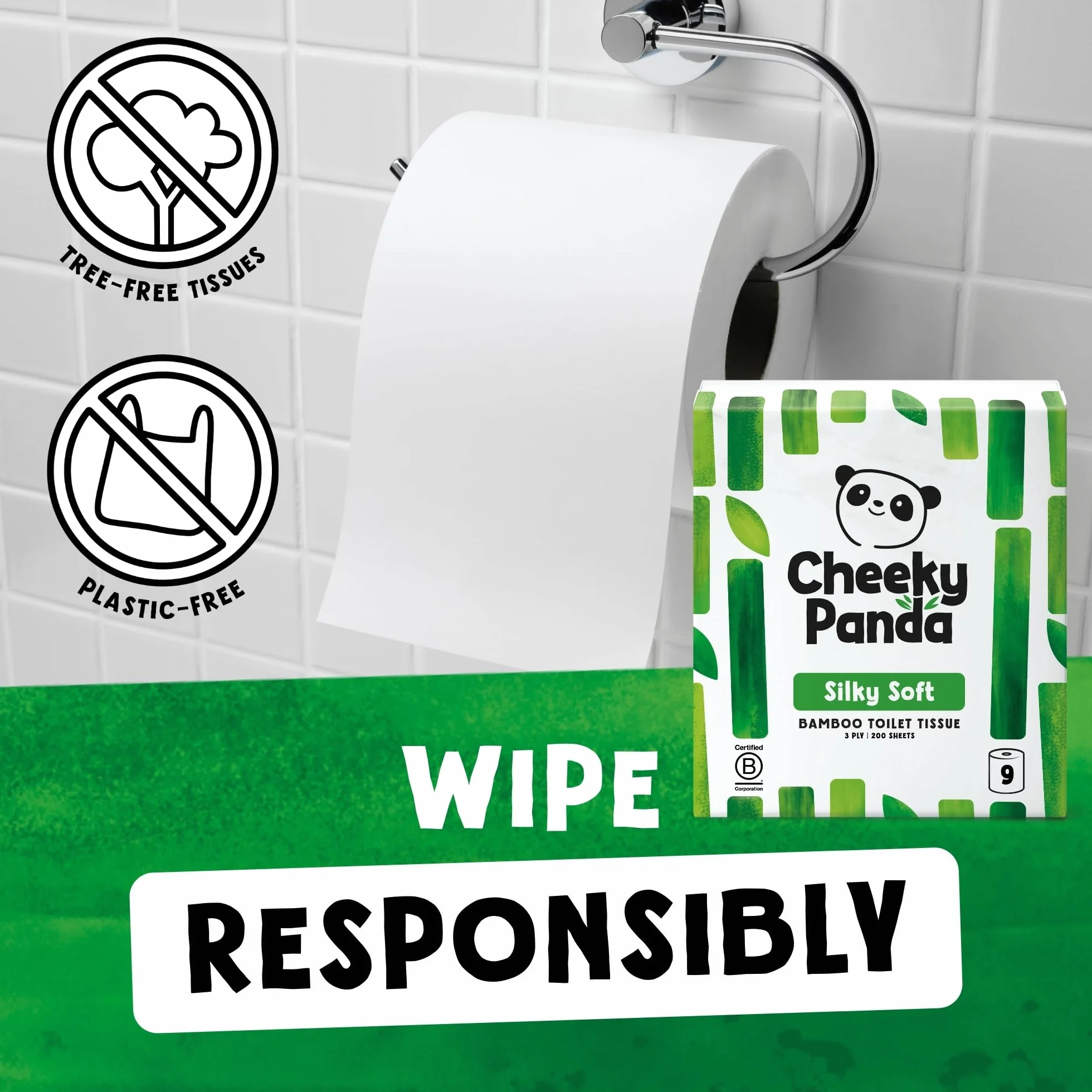 The Cheeky Panda Bambusowy papier toaletowy – 9 rolek papieru toaletowego, opakowanie bez plastiku i zrównoważona chusteczka toaletowa, w 100% kompostowalny