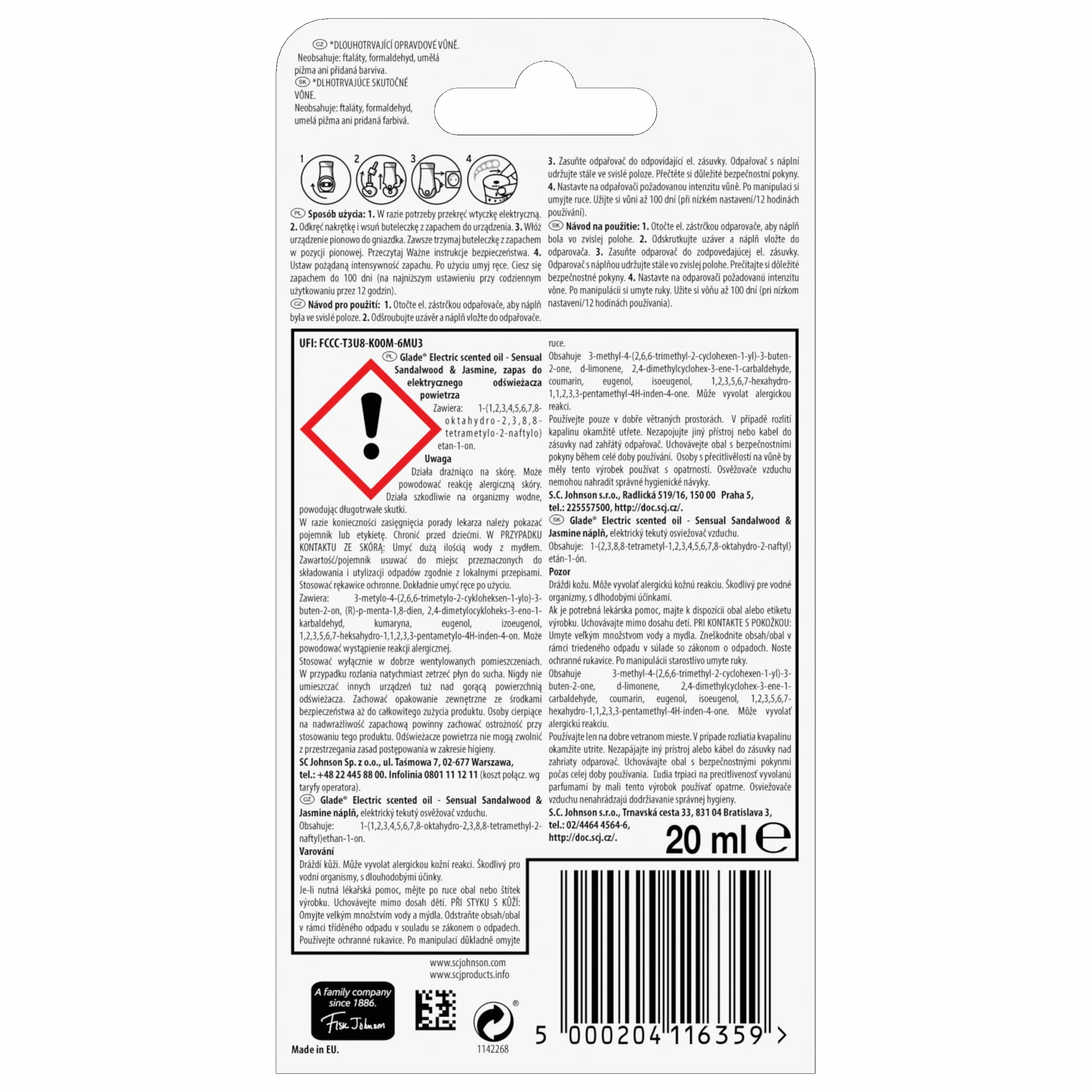 Glade Zapas do Elektrycznego Odświeżacza Powietrza, Electric Scented Oil o Zapachu Sensual Sandalwood & Jasmine, Długotrwały Zapach, 20 ml