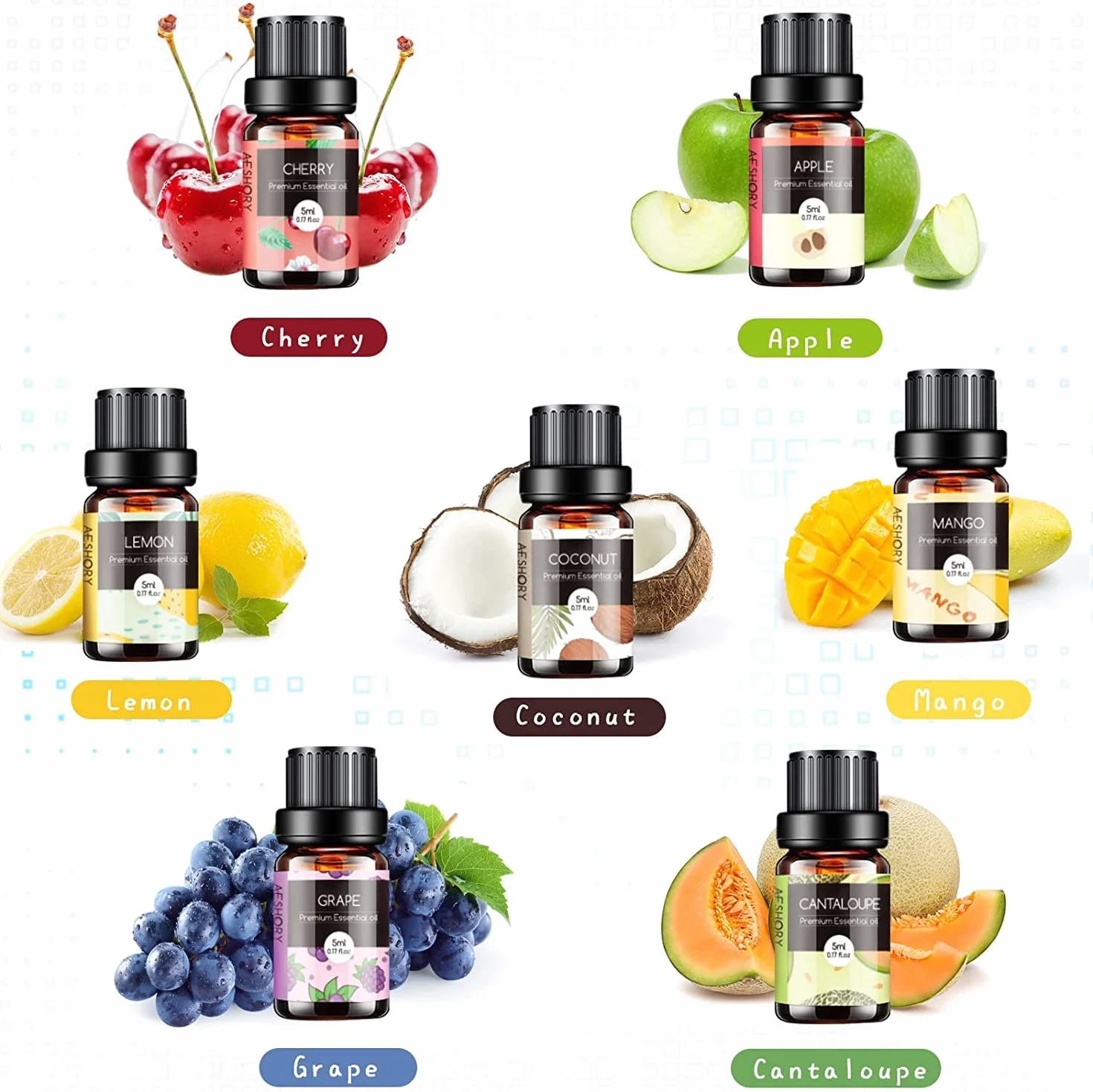 Aeshory Zestaw Olejków Eterycznych O Smaku Owocowym, 14 x 5ml Olejek Zapachowy Premium Do Aromaterapii, Dyfuzorów, Mydeł I Świec – Truskawka, Jabłko, Ananas, Ogórek, Melon, Wiśnia, Mango, Cytryna