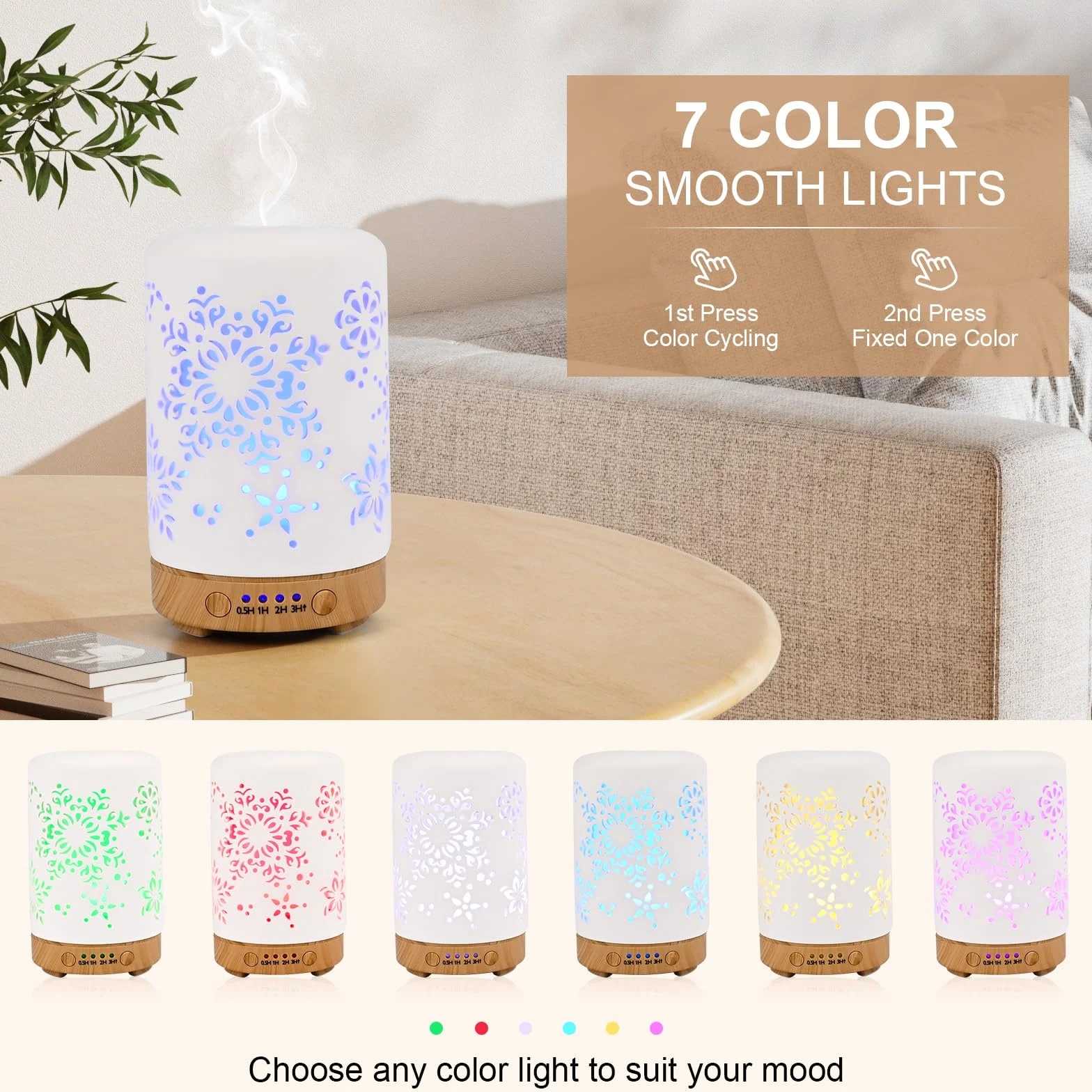 GuKKK 100ML Ceramiczny Dyfuzor Aromatyczny do Olejków Eterycznych z Regulowanym Trybem Mgły, 7 Kolorów LED, Timer