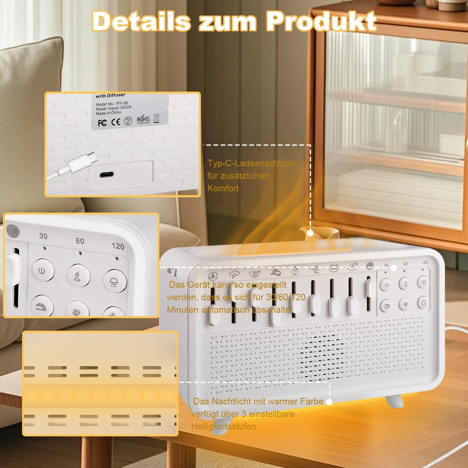 Yoedge White Noise Machine & Night Light Pro - urządzenie dźwiękowe do sypialni z Bluetooth, timerem i dyfuzorem aromatu dla dzieci, niemowląt i dorosłych