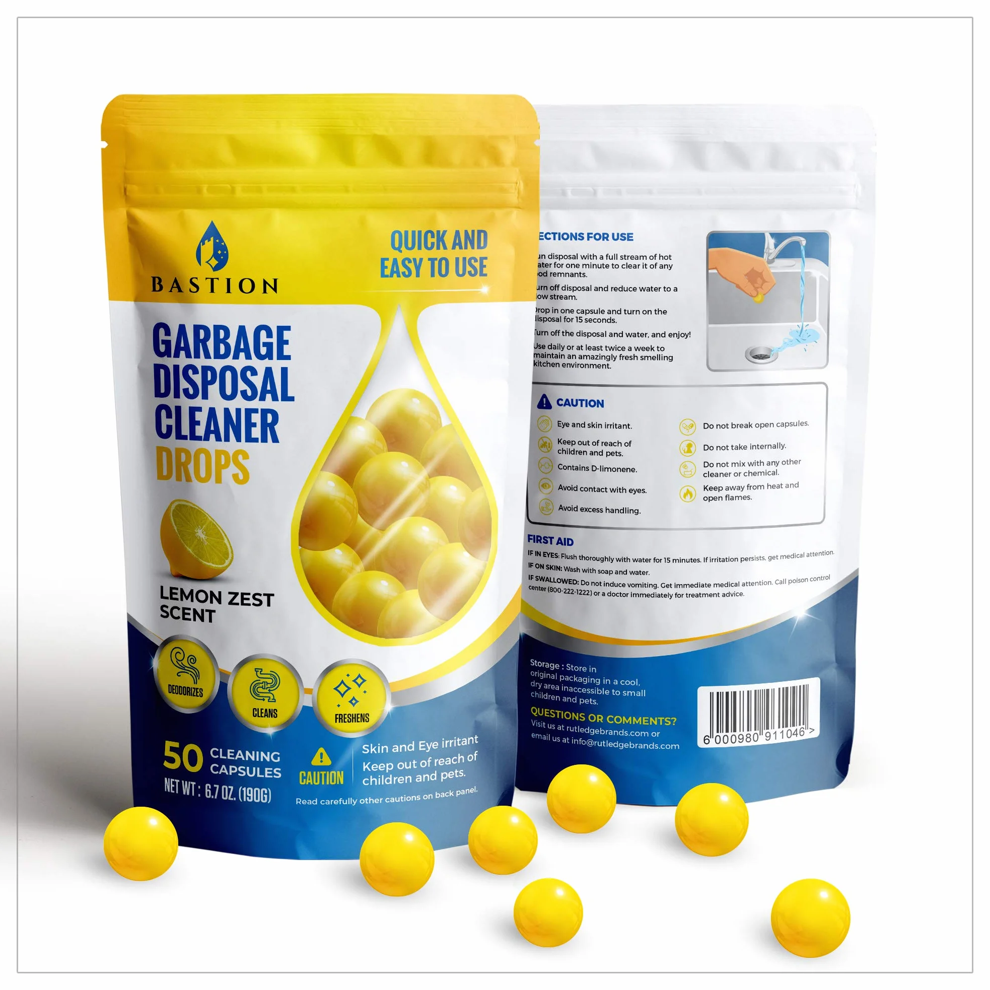 Garbage Disposal Cleaner and Deodorizer Drops- [[50-Count]] Lemon Zest Scented Kitchen Sink Freshener Pods & Drain Odor Eliminator Disposer Care Balls by Bastion