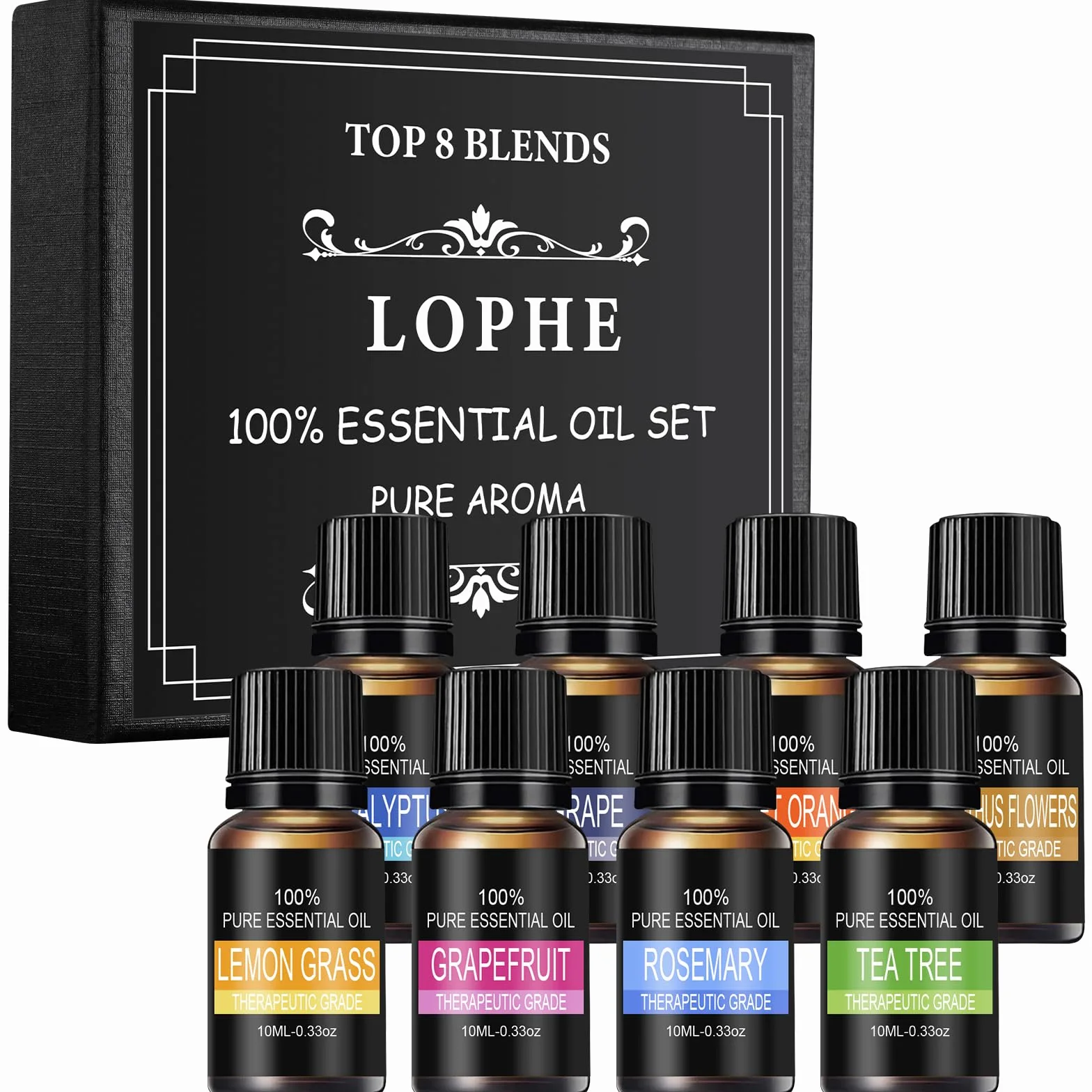 LOPHE Zestaw olejków eterycznych 8 x 10 ml, Zestaw olejków eterycznych do dyfuzorów, Zestaw czystych naturalnych olejków zapachowych do mydła, świec, SPA