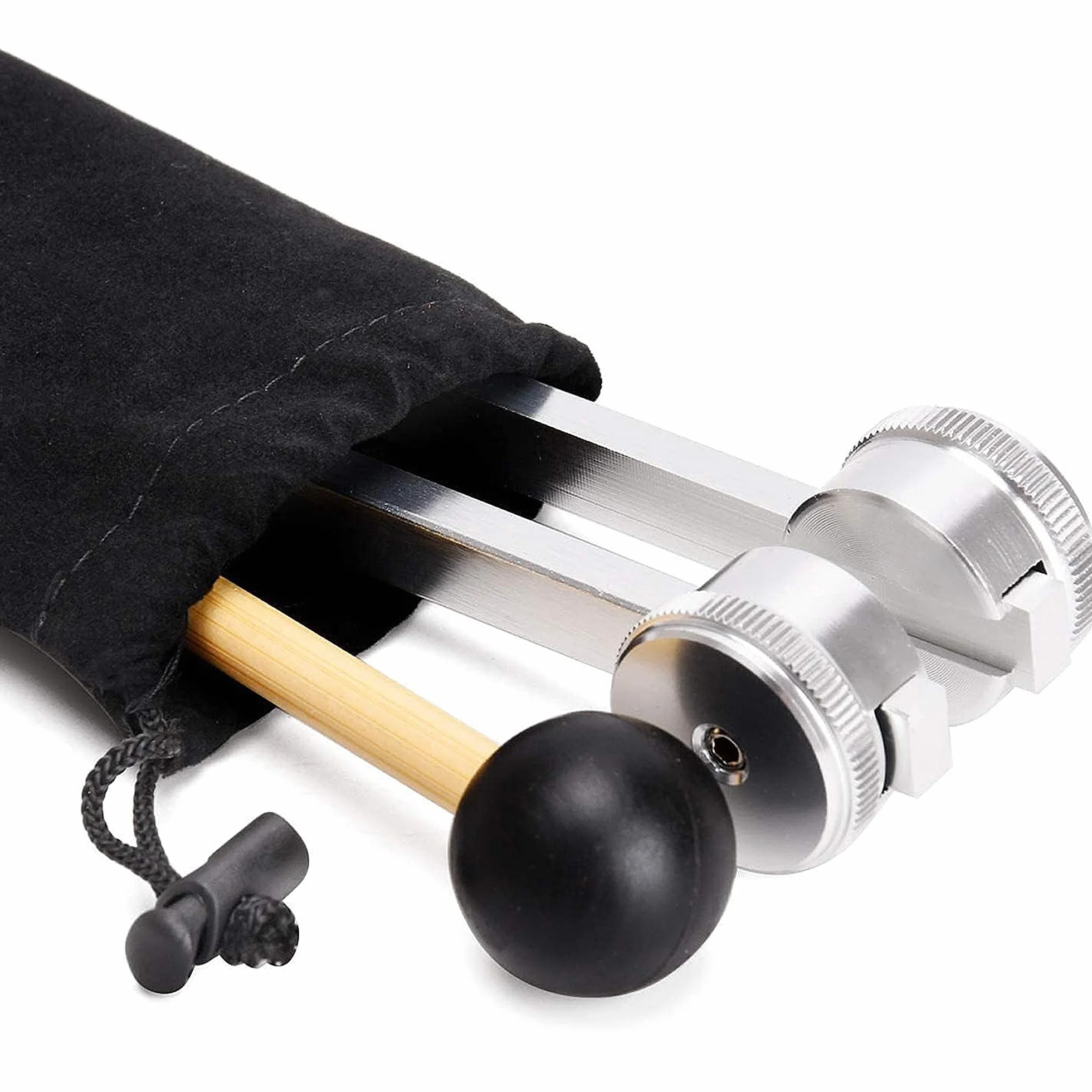 Aluminiowy aparat terapeutyczny 128 Hz z silikonowym młotkiem, zestawem naprawczym i ściereczką do czyszczenia, a wszystko zapakowane w miękką aksamitną torbę do wygodnego transportu i użytkowania