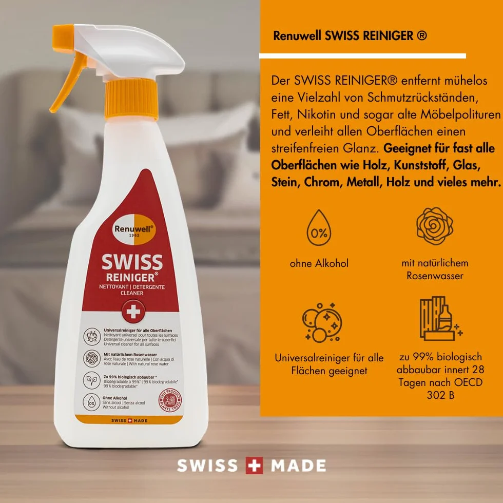 Renuwell Swiss środek czyszczący, 500 ml – silne delikatne czyszczenie bez alkoholu, usuwa tłuszcz, brud i osady, do drewna, tworzywa sztucznego, metalu i kamienia, szwajcarska jakość