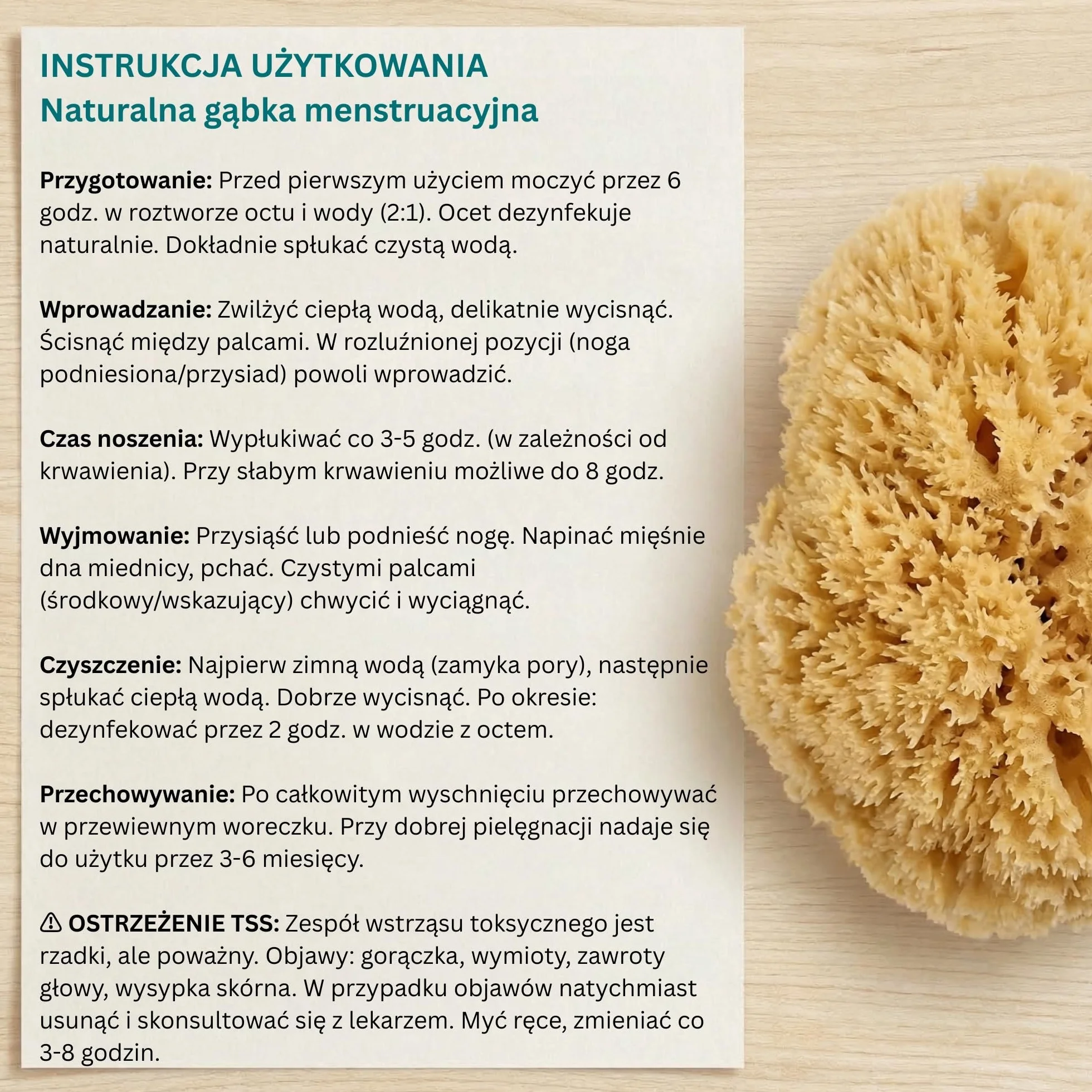Naturalna gąbka menstruacyjna z nitką alternatywa dla tamponów zmywalna Dermatest doskonały pojemnik podróżny jakość premium Grecja Roz. S 5 x 3-5 cm