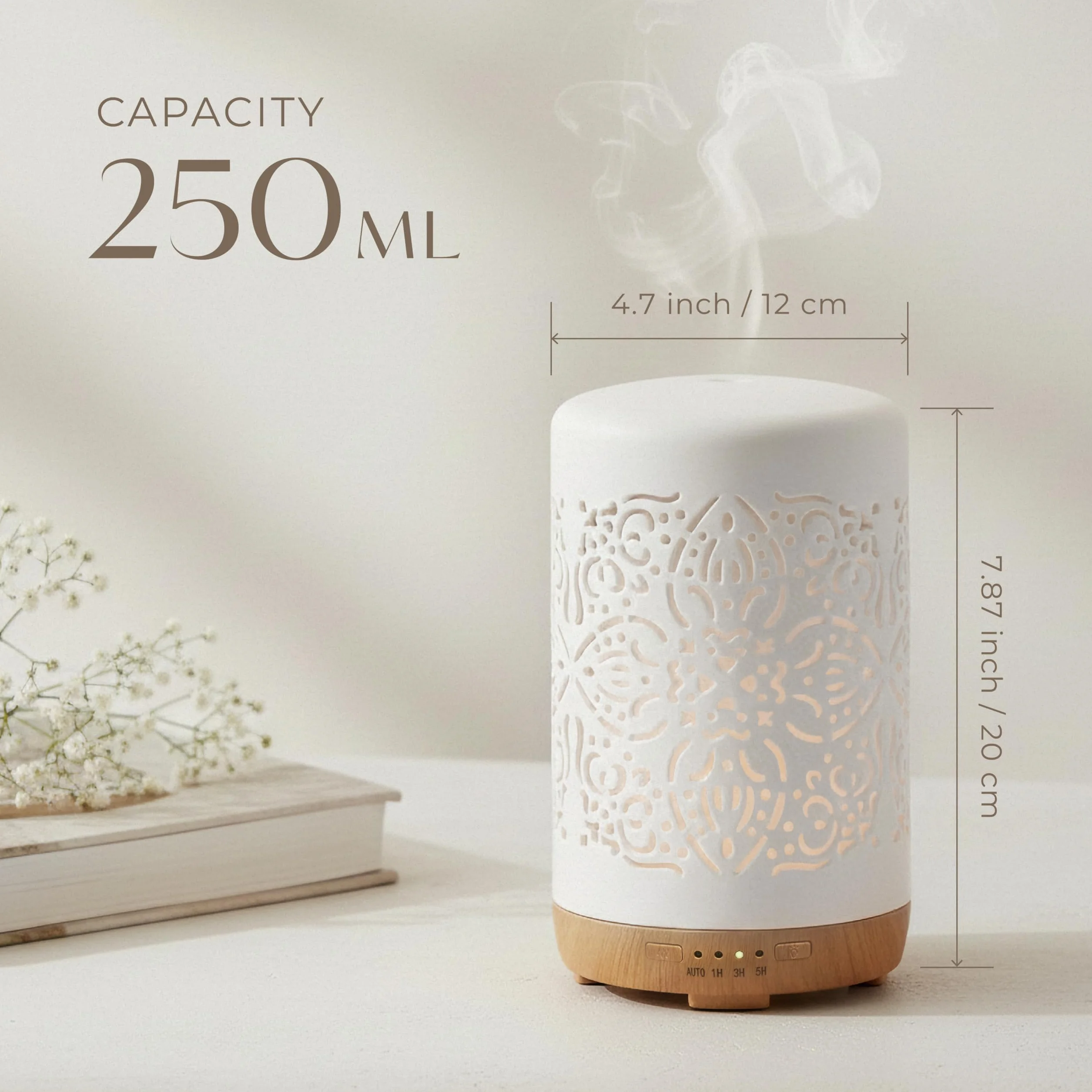 Earnest Living Dyfuzor do olejków eterycznych, dyfuzor z białej ceramiki, 250 ml, timer, nocne światełka i automatyczne wyłączanie, do domu i biura, nawilżacz powietrza, dyfuzor do aromaterapii