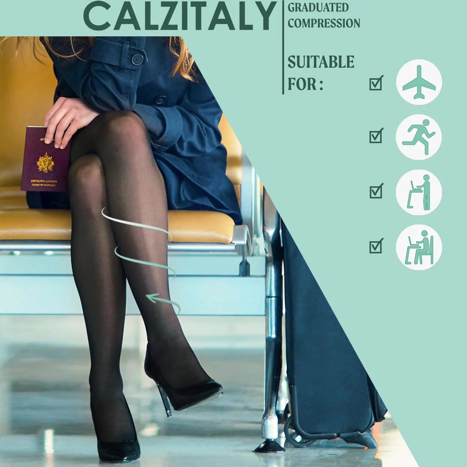 CALZITALY Damskie rajstopy medyczne kompresyjne 70 Den 10-14 Mmhg czarne XXL