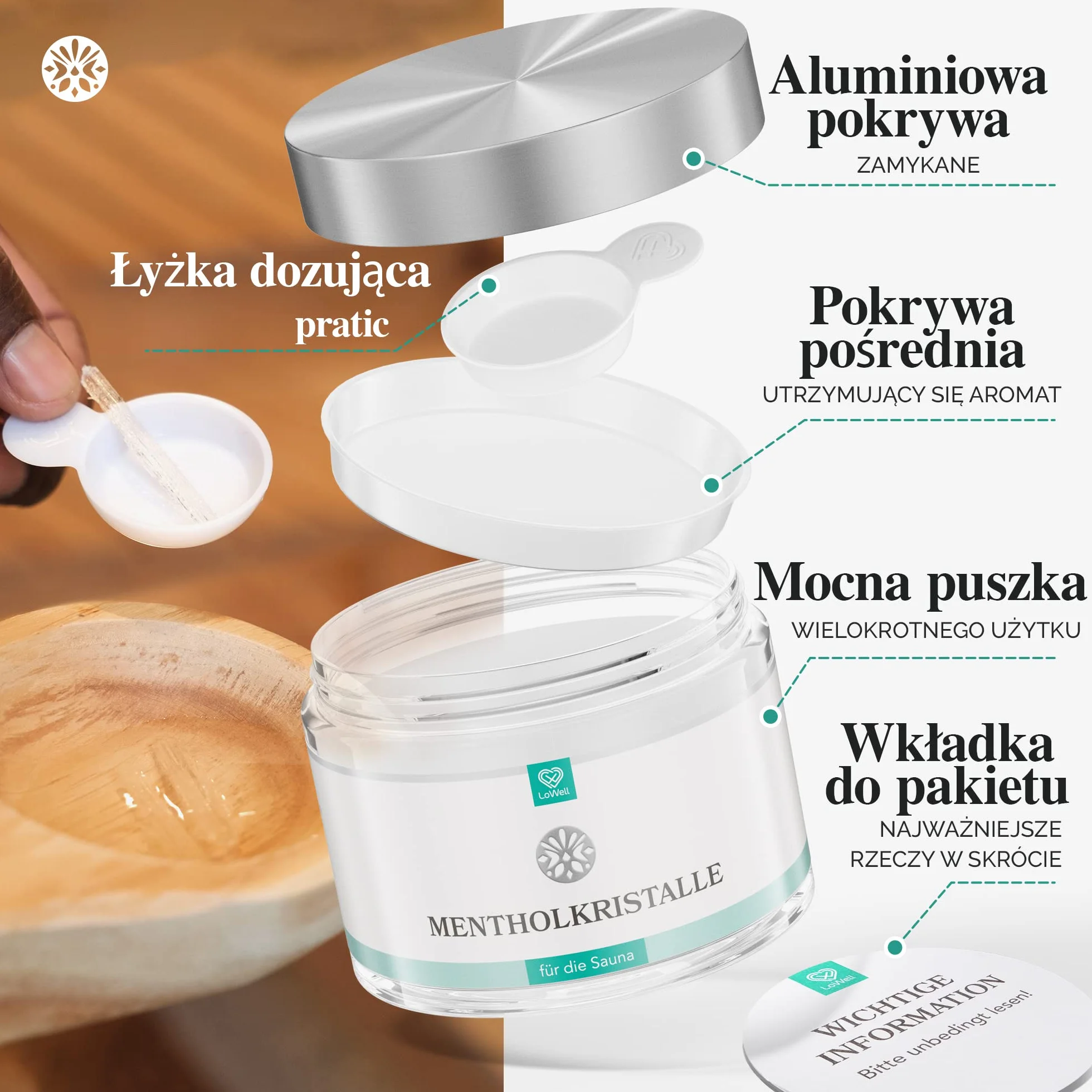 LoWell® 100g Kryształy Mentolowe ze 100% czystej mięty - idealne jako napar do sauny w zamykanej puszce - Mentol