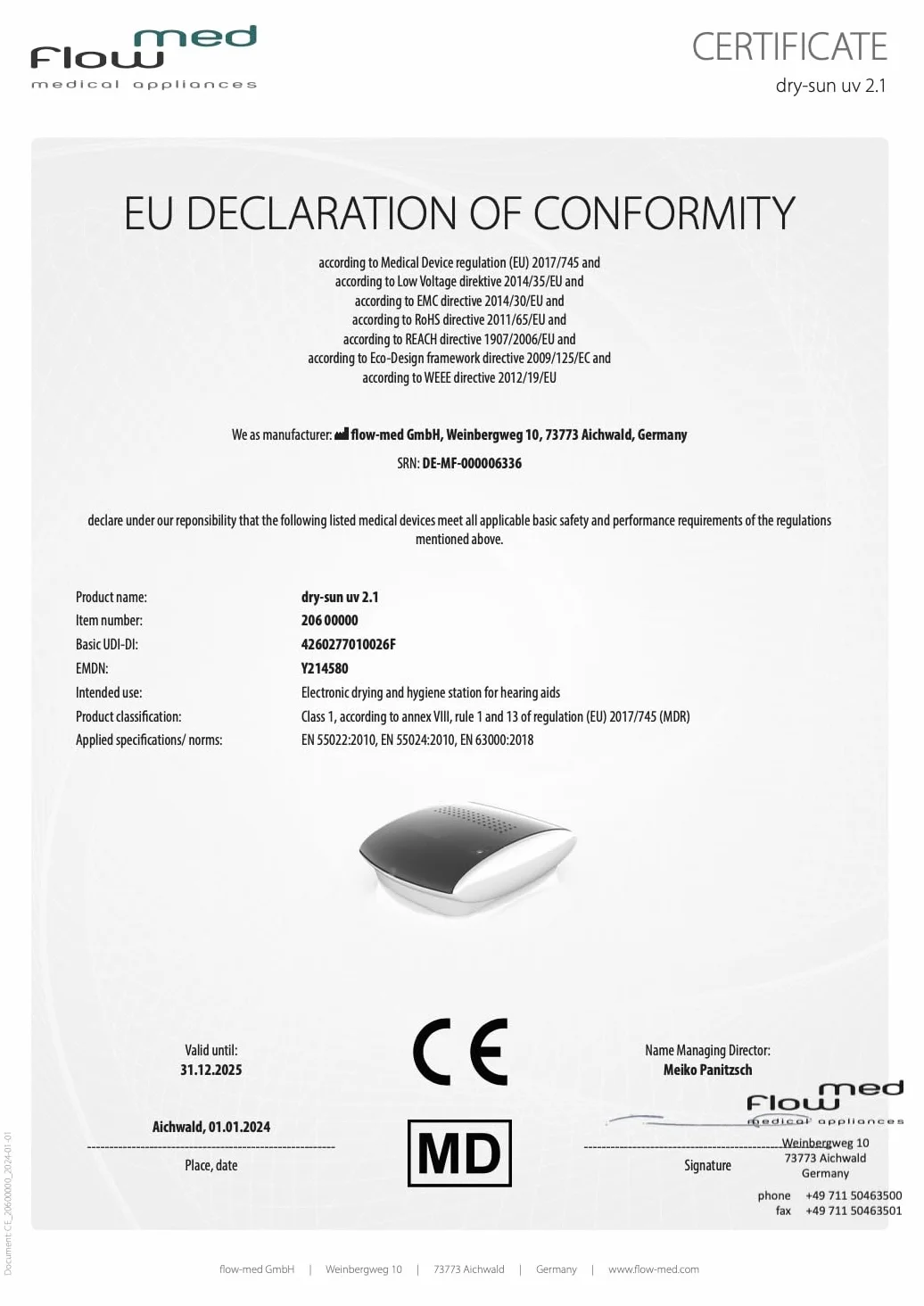 flow-med dry-sun UV 2.1 Suszarka do Aparatów Słuchowych - Promieniowanie UV-C i Światło Niebieskie – Usuwa Wilgoć – Etui do Przechowywania – USB-C – Produkt Medyczny – Regulacja Temperatury