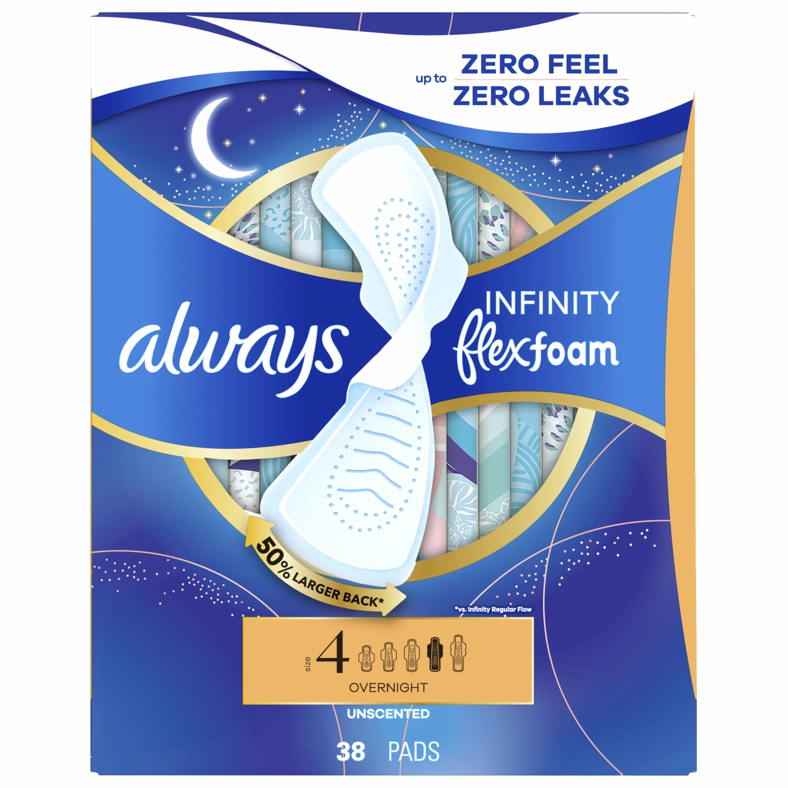 Always Infinity Kobiece poduszki dla kobiet, rozmiar 4 na noc, ze skrzydełkami, bezzapachowe, 38 szt