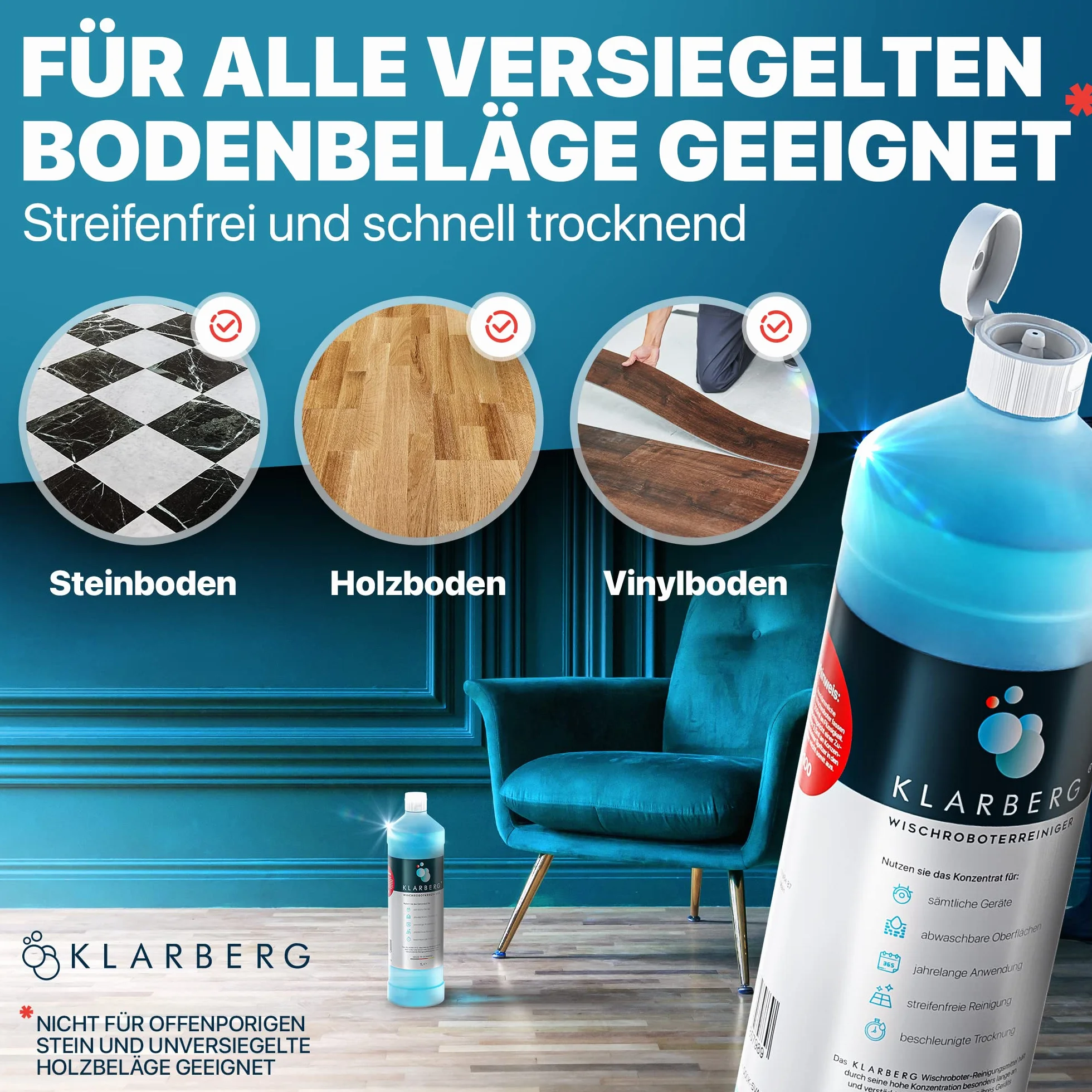 KLARBERG® 4 x 1 l środek do czyszczenia podłóg, koncentrat 1:100, do odkurzacza i robota odkurzającego
