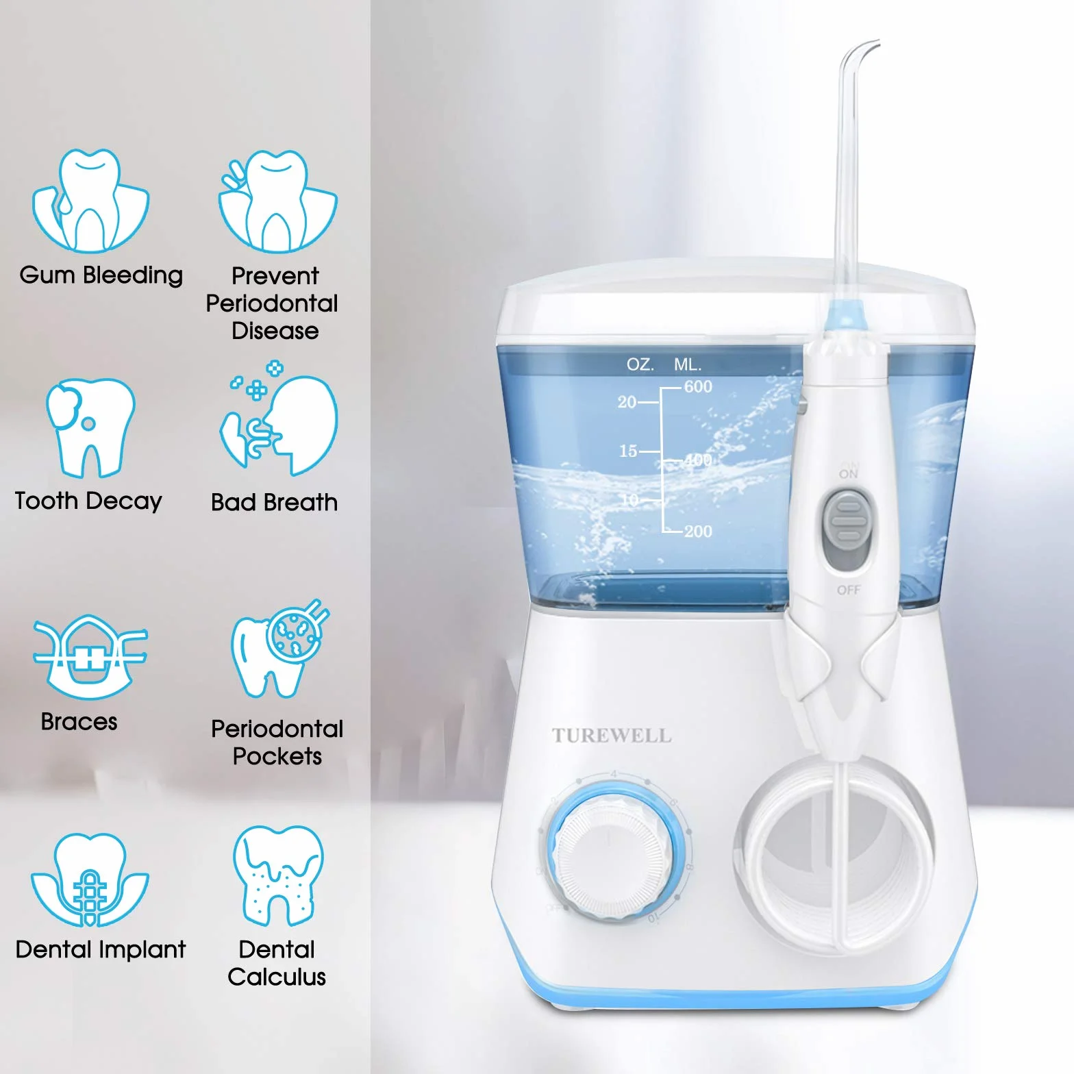 TUREWELL Elektryczny środek do czyszczenia przestrzeni międzyzębowej z 10 stopniami ciśnienia i 8 dyszami, wodoszczelny irygator oralny, 600 ml wody do domu (biały)