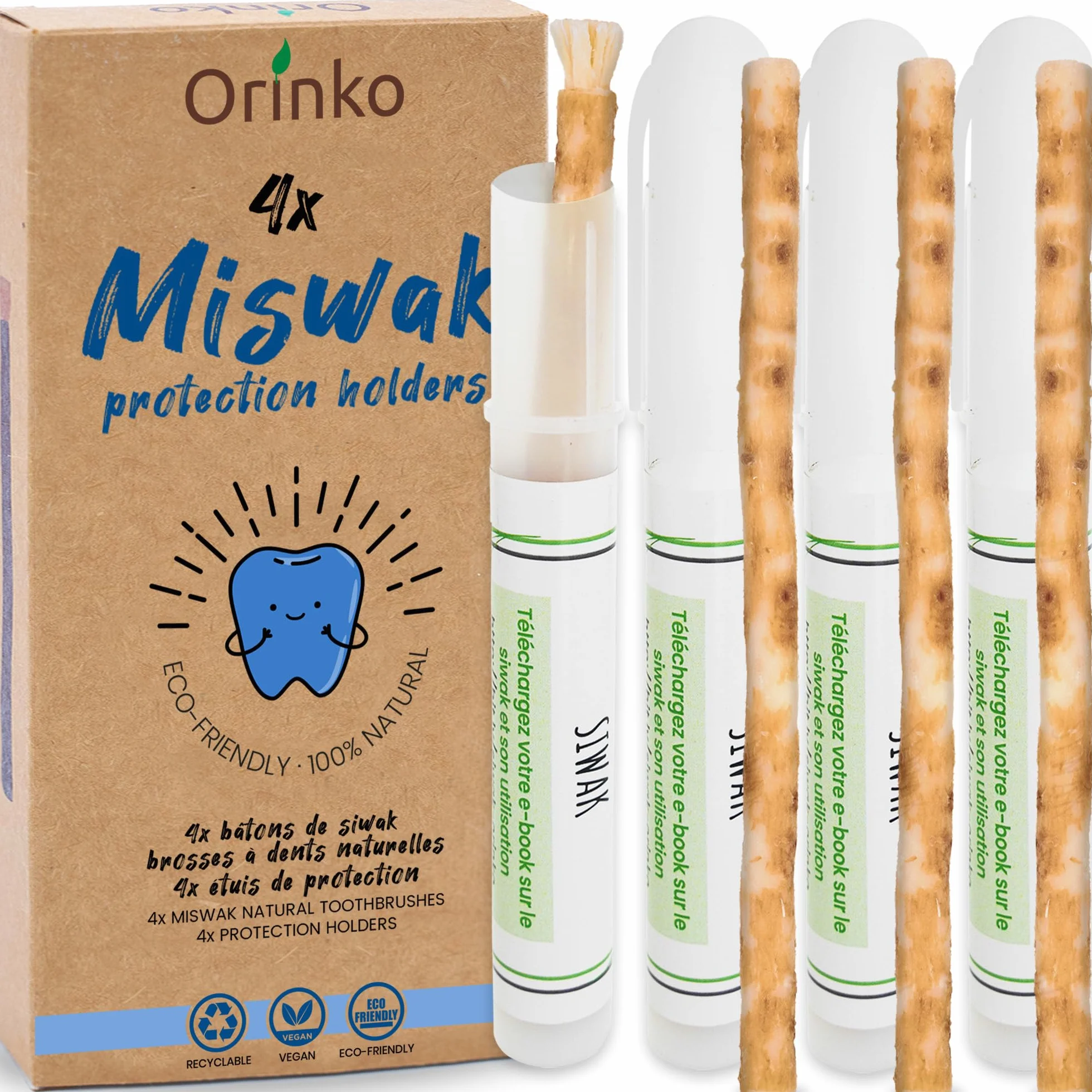 ORINKO Miswak X4 – naturalna szczoteczka do zębów z 4 etui ochronnymi – drewno do mycia zębów Siwak dla zdrowych zębów – przyjazna dla środowiska, biodegradowalna i wegańska – w zestawie e-book
