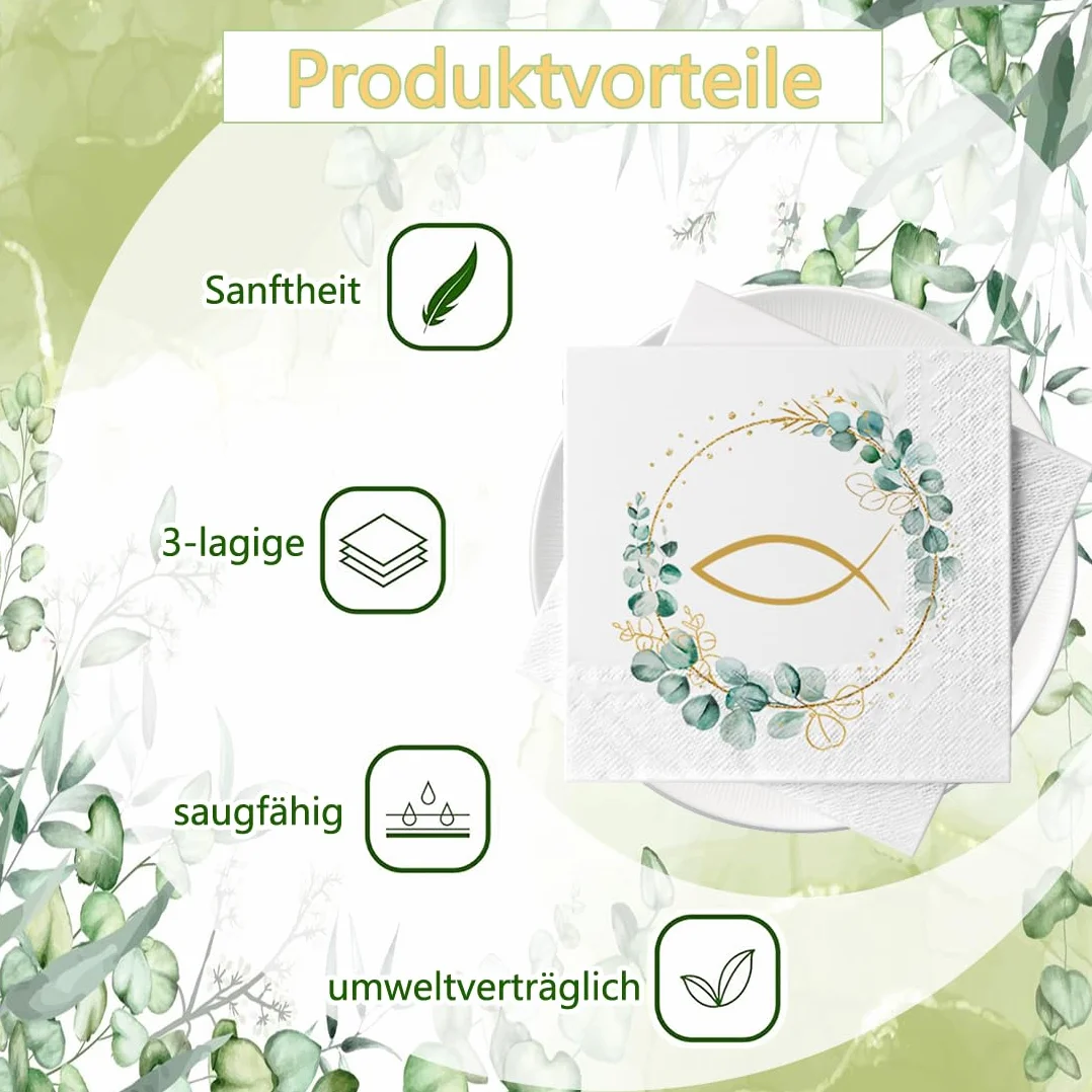 Sprinlot 40 sztuk serwetek na komunię bierzmowanie chrzest z motywem ryb eukaliptusem papierowe