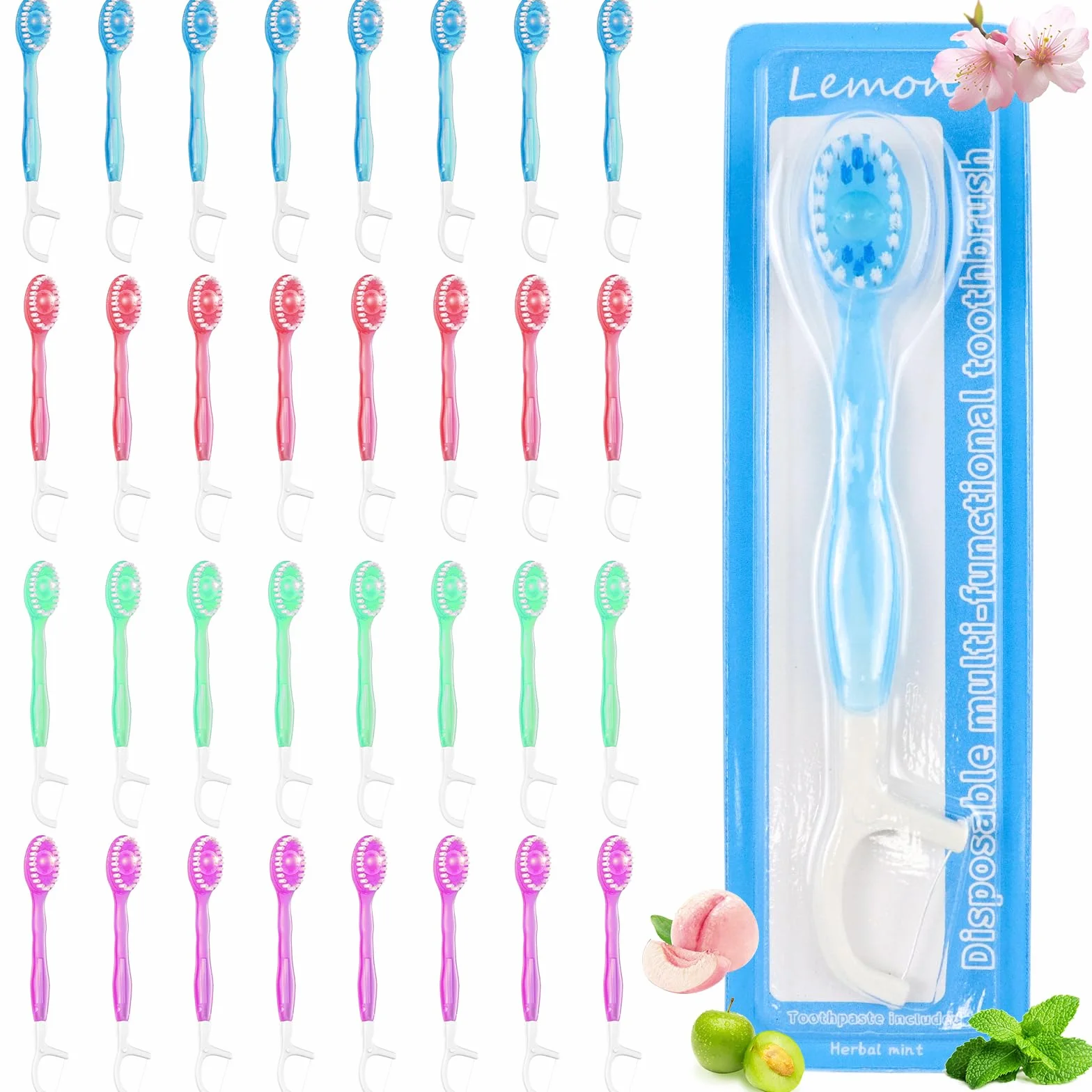 Mini szczoteczka do zębów 5 w 1, 32 sztuki, jednorazowe szczoteczki do zębów z pastą do zębów, zestaw podróżny z nicią dentystyczną, skrobakiem do języka i wykałaczkami, jednorazowe szczoteczki do