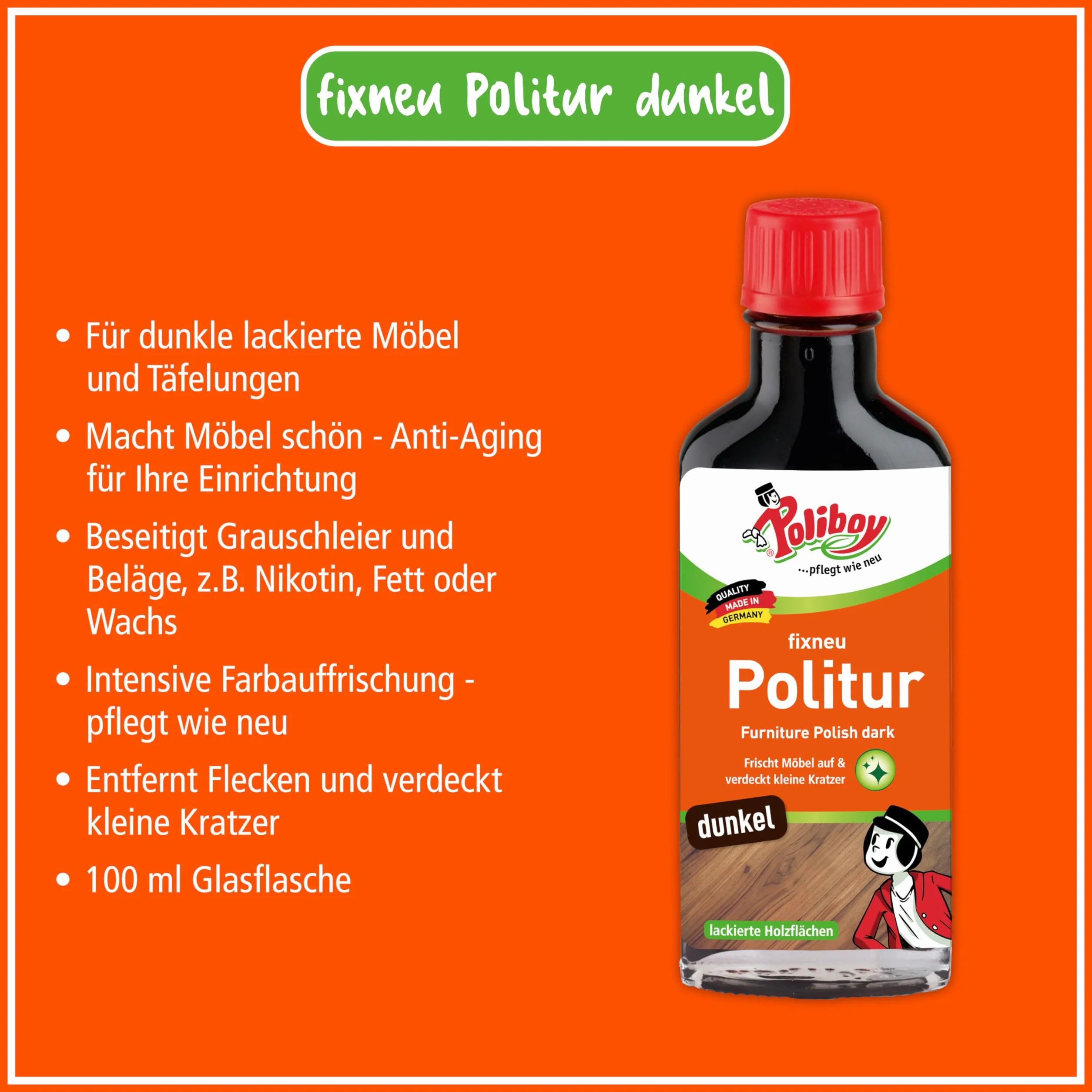 POLIBOY Fixneu politura ciemna – politura do mebli do ciemnego lakierowanego drewna – odświeżająca kolory politura do drewna – 2 x 100 ml – Made in Germany