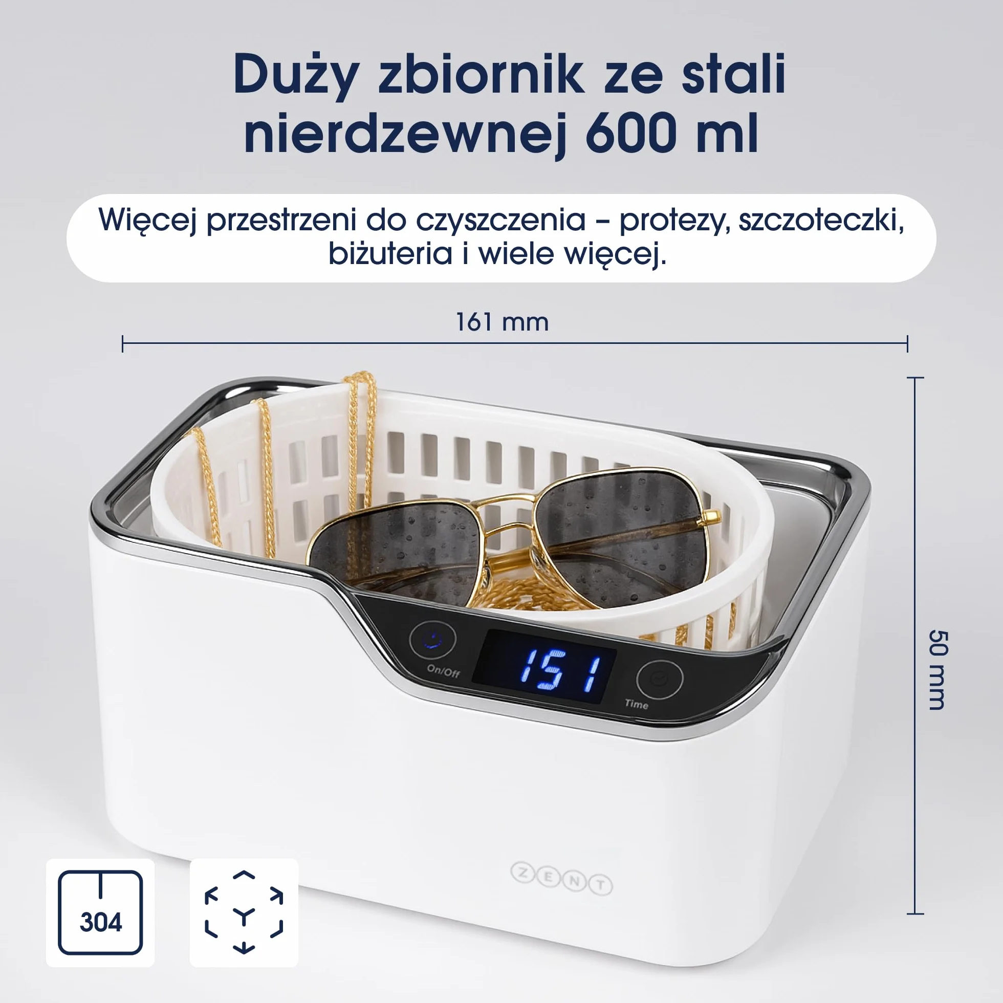 ZENT DeepClean+ Myjka ultradźwiękowa 600 ml do okularów, aparatów ortodontycznych, protez, biżuterii i akcesoriów - 5 Trybów czasowych, System aktywnego chłodzenia, Energooszczędne