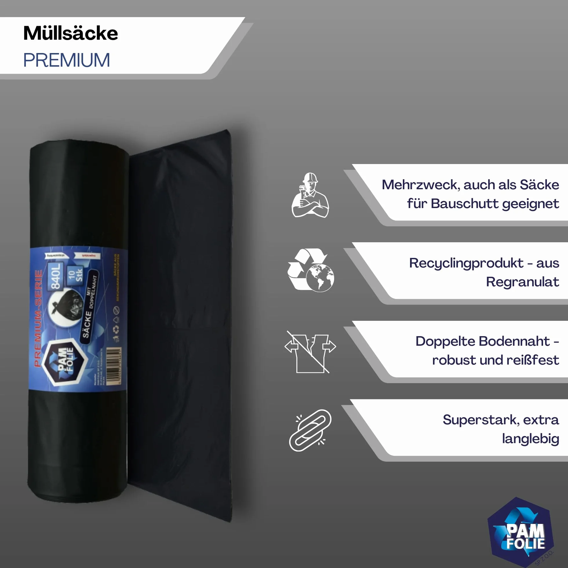 Worki Na Śmieci 840L - 10 Sztuk XXL - Duże Worki Na Odpady Budowlane Premium - 130x170cm - 40µm - Czarny Pojemnik Na Śmieci - Styropian