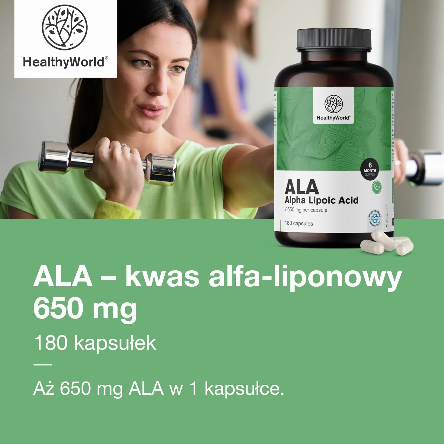 HealthyWorld ALA – Kwas Alfa-Liponowy – 650 mg w Dziennej Porcji – 180 Kapsułek Roślinnych – Zwiększenie Energii – 6-Miesięczny Zapas – Świetna Przyswajalność