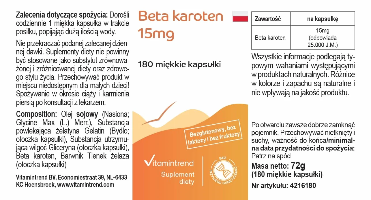 Vitamintrend Beta-karoten 15mg, 180 kapsułek po 15mg (odpowiada 25 000 j.m.), wysoka dawka, bez stearynianu magnezu, wyprodukowane w Niemczech.