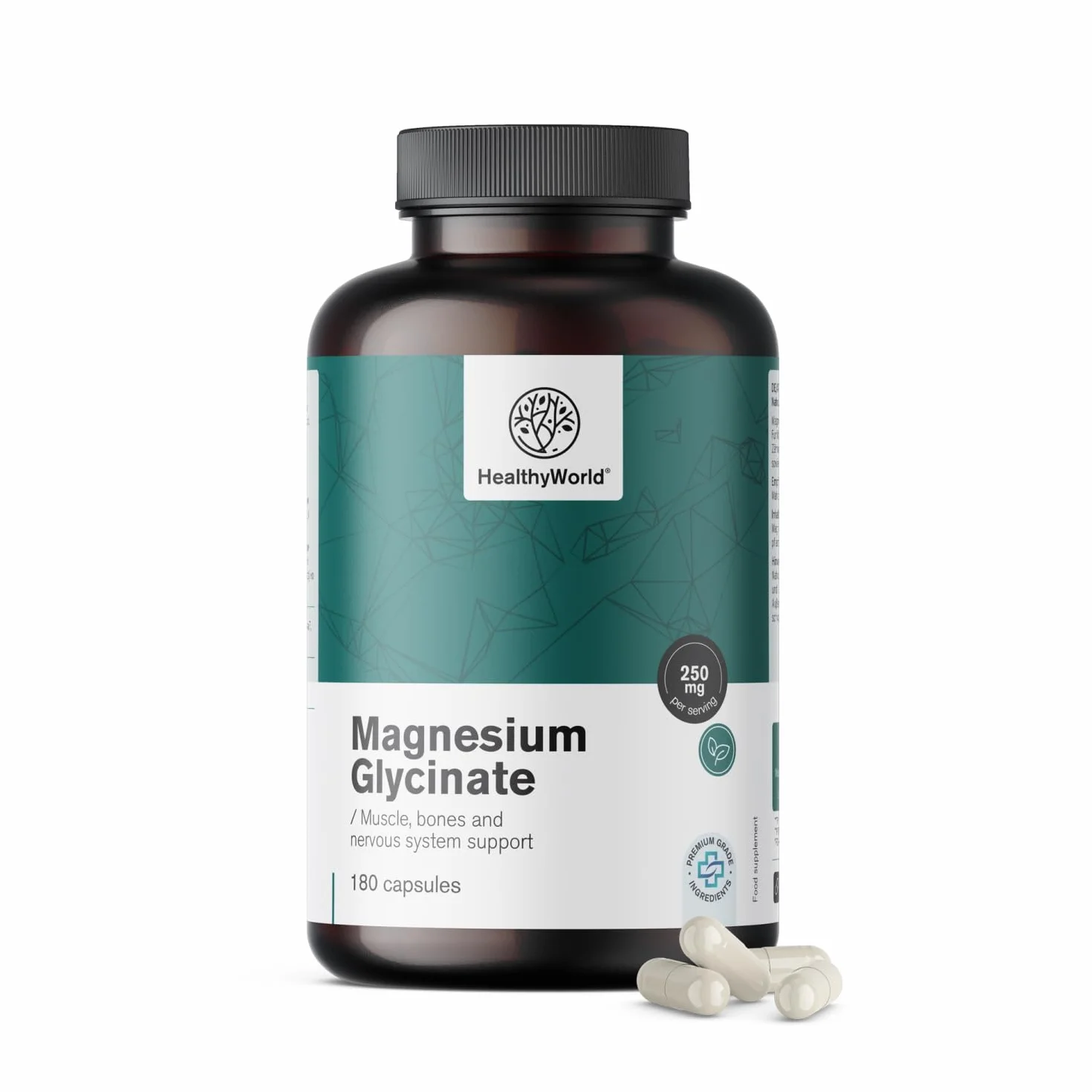HealthyWorld Glicynian magnezu 250 mg 180 kapsułek roślinnych 125 mg magnezu na kapsułkę