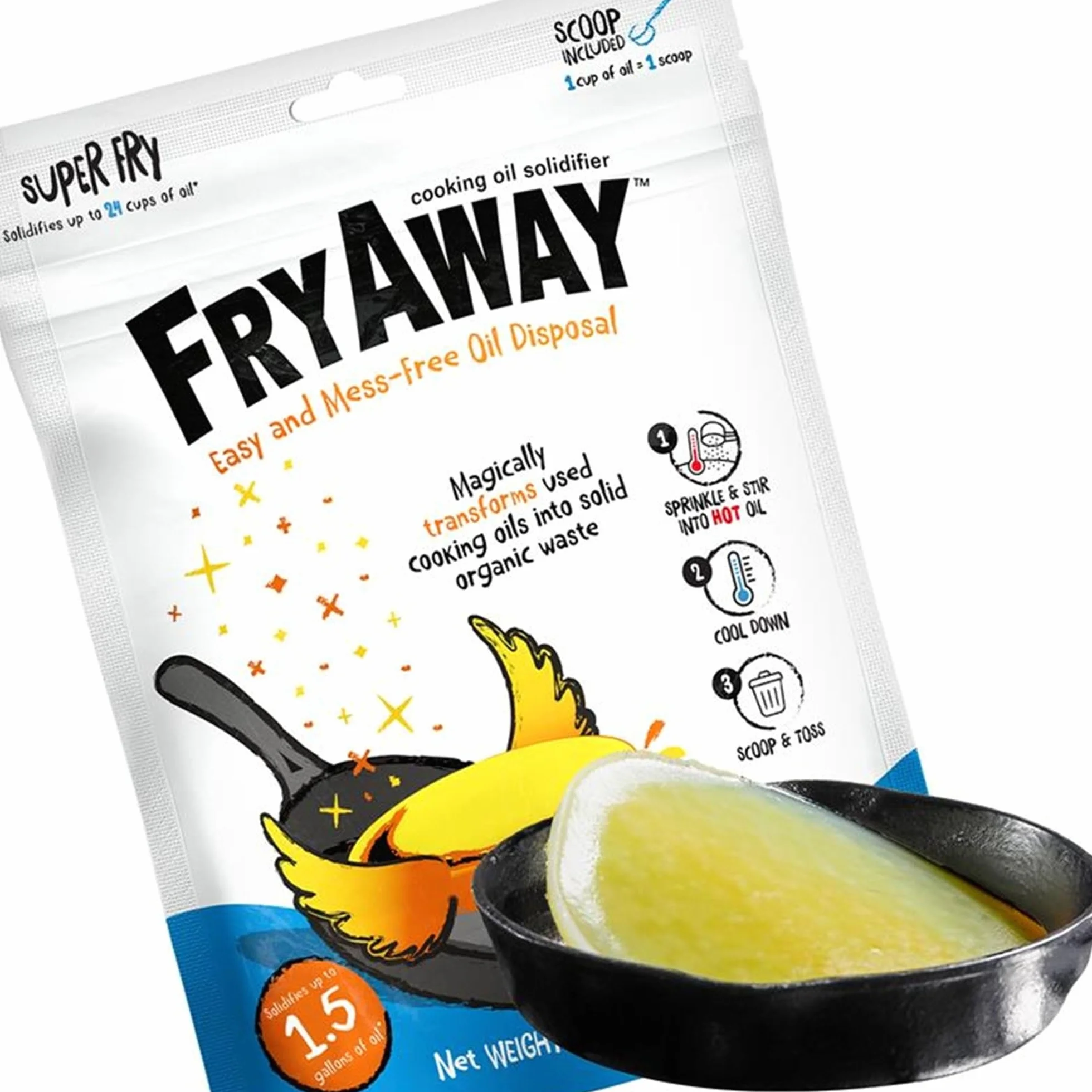 FryAway Super Fry Olej do Gotowania w Proszku, 100% Roślinny Środek do Usuwania Odpadów Olejowych, Stwardnia do 20 Szklanek (5 Litrów), Łatwy i Ekologiczny Środek do Stwardniania Tłuszczu