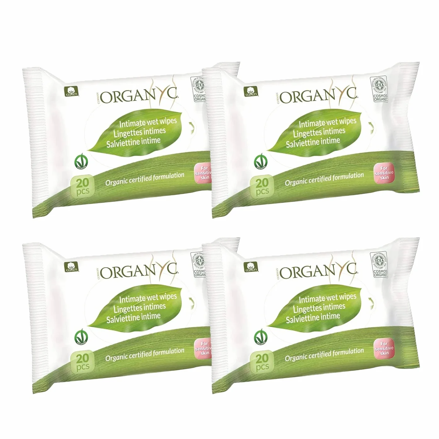 Organyc, Nawilżane chusteczki do higieny intymnej ze 100% organicznej bawełny certyfikowanej, 4 opakowania po 20 chusteczek (Razem 80 sztuk)