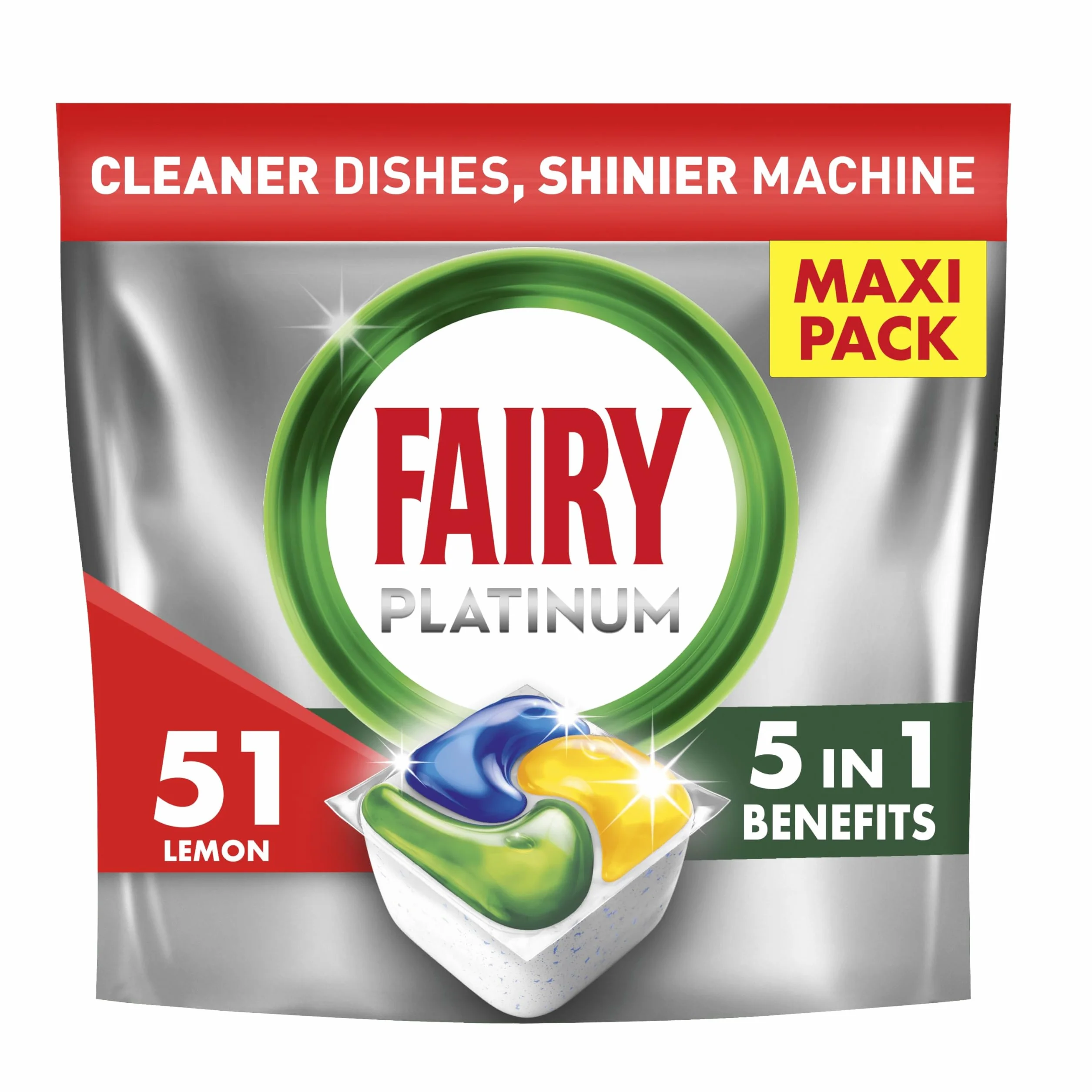 Fairy Platinum Cytryna Kapsułki do zmywarki All in One, 51 tabletek, do trudnych zabrudzeń, czyszczą nawet zatłuszczone filtry