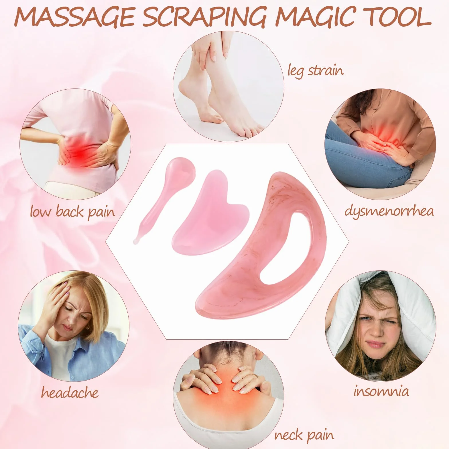 Gua Sha urządzenie do masażu z uchwytem, większe narzędzie do skrobania Guasha (plastik), Body Gua Sha, do masażu pleców, szyi, twarzy, nóg, drenażu limfatycznego, cellulitu, (3 sztuki, różowe)