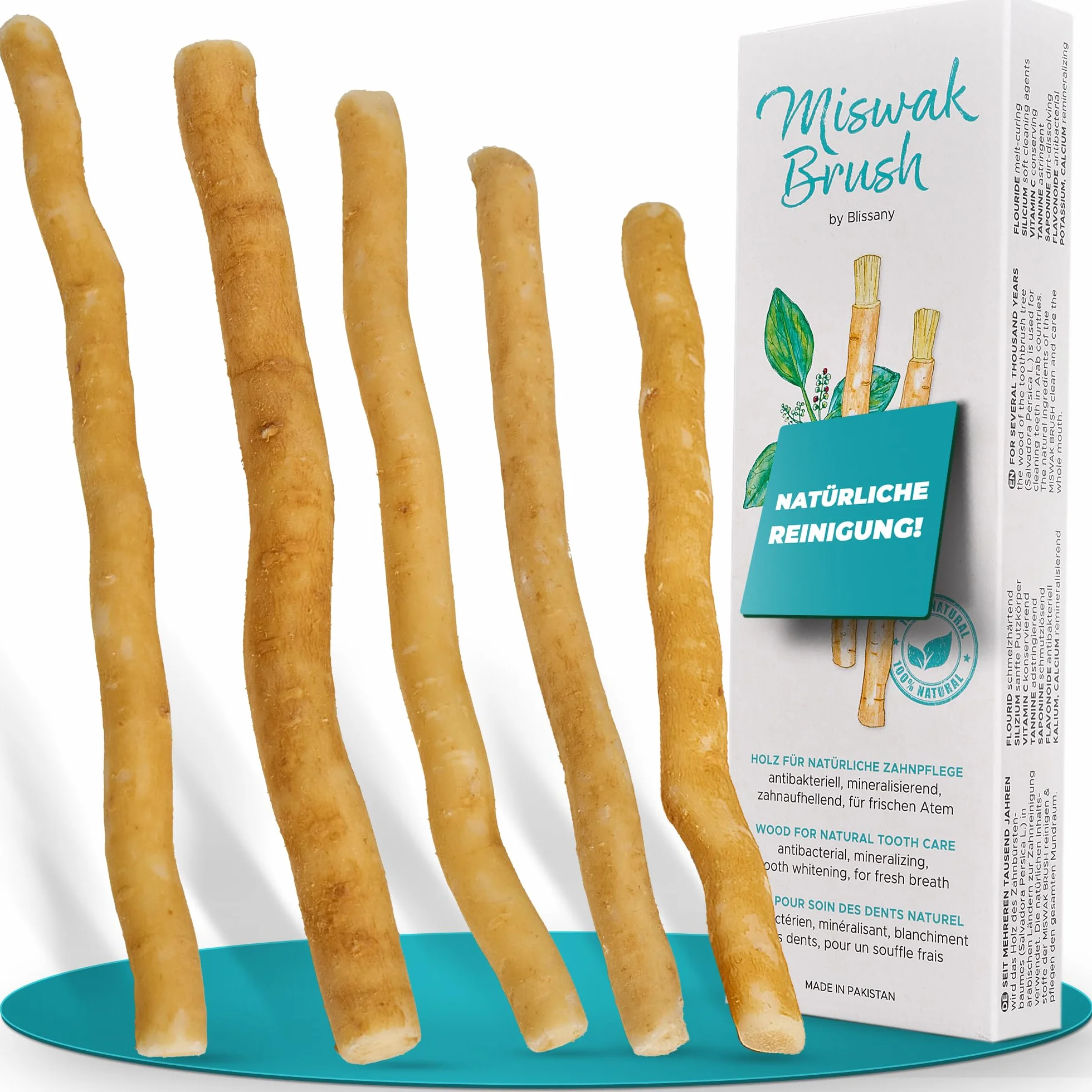 Miswak Szczoteczka do zębów firmy Blissany - Siwak SWAK, tradycyjna arabska szczoteczka do zębów, drewniana szczoteczka do zębów, do naturalnych białych zębów, 5 szt