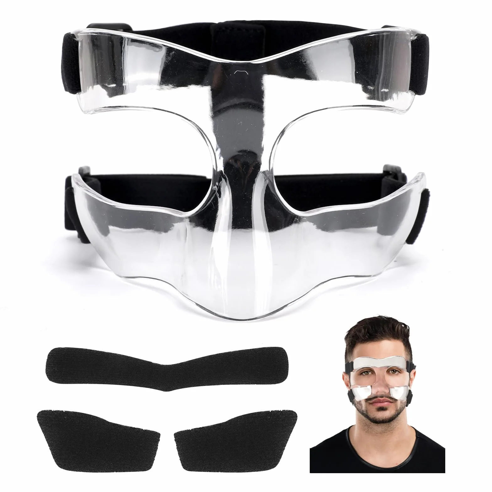 Maska na nos, piłka nożna, ochrona twarzy, ochrona twarzy, ochrona nosa do siatkówki, regulowana ochrona twarzy z wyściółką, dla dorosłych unisex (przezroczysta-2)