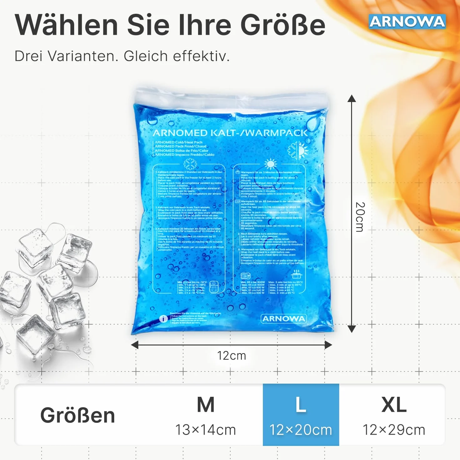 Okłady chłodzące z żelem ARNOMED® wielokrotnego użytku 2x M, L & XL, kompres chłodzący/rozgrzewający do mikrofalówki