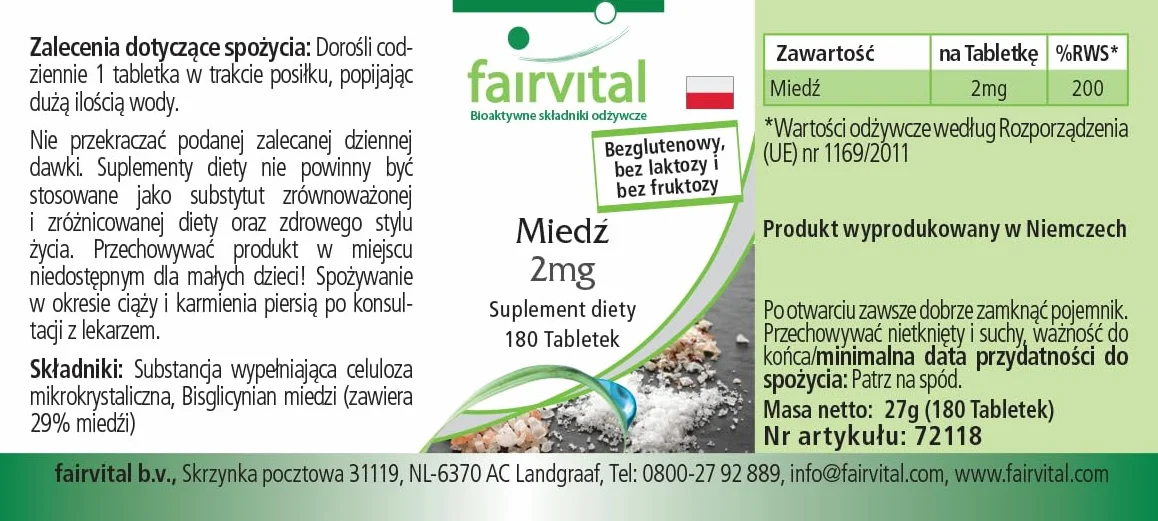 Fairvital | Miedź 2mg – 180 tabletek – bisglicynian miedzi – sprawdzona jakość i wysoka dawka – 100% wegański – wyprodukowany w Niemczech