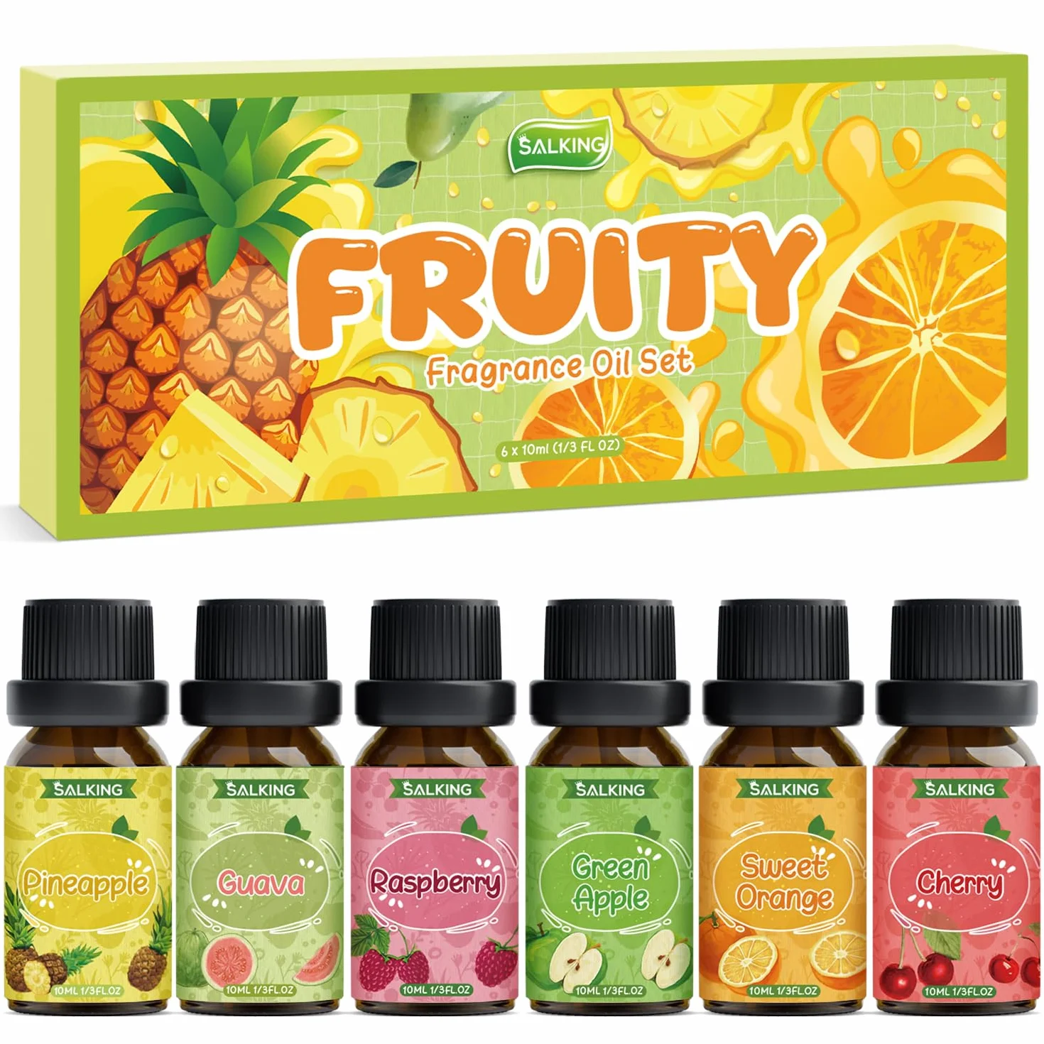 SALKING Zestaw olejków eterycznych z owoców, 6 x 10 ml, 100% aromaterapii, zestaw prezentowy do dyfuzora, nawilżacza powietrza, masażu, wiśni, ananasa, malin, słodkiej pomarańczy, guawy, zielonego