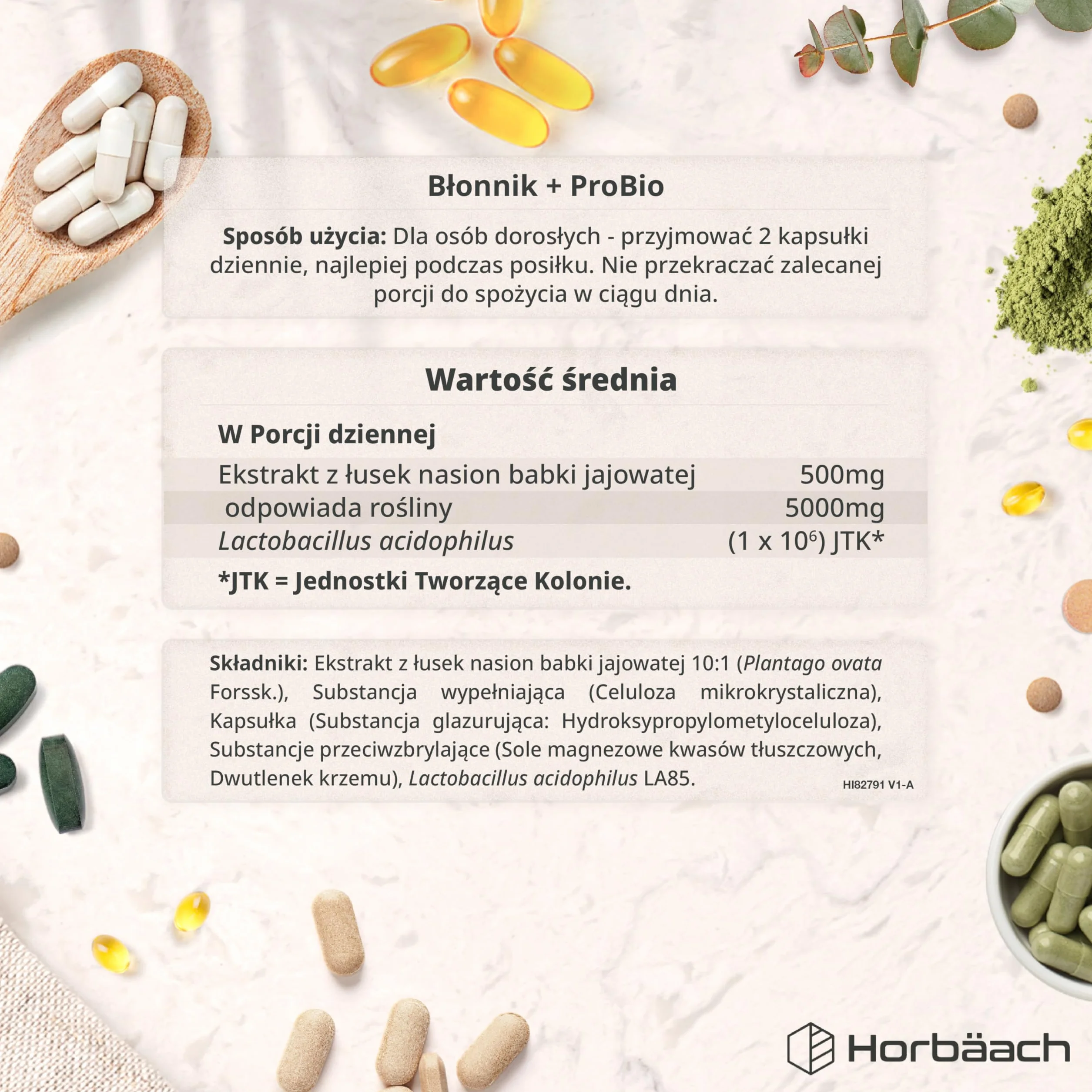 Błonnik z ProBio Kapsułki 5000mg | Wysokiej Mocy Z Łusek Babki Płesznik | Naturalny Suplement z Rozpuszczalnym Błonnikiem i Probio Lactobacillus Acidophilus | 120 Kapsułek Wegańskich | marki Horbaach