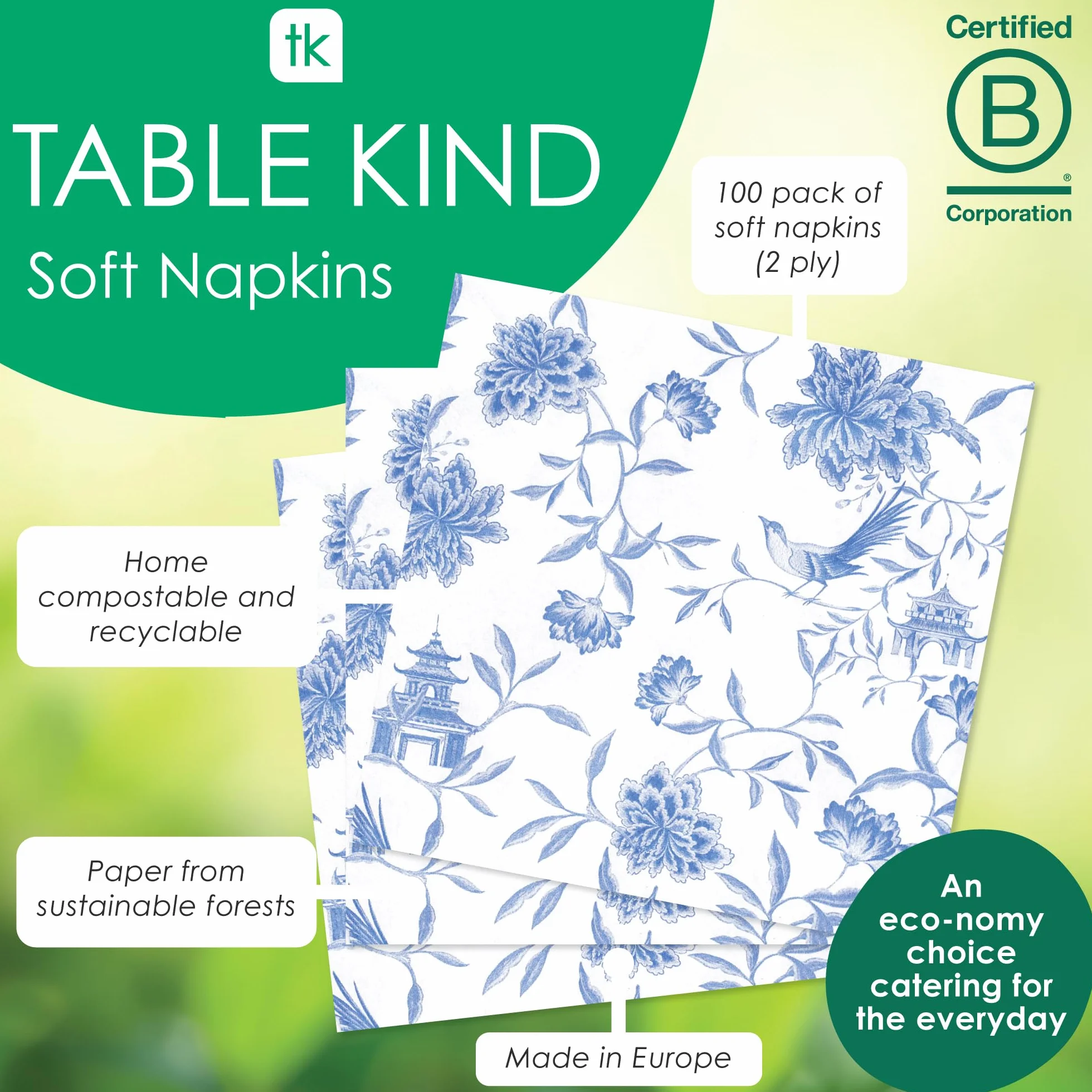 Talking Tables 100 szt. Chinoiserie niebieskie miękkie papierowe serwetki na urodziny, wesele, Boże Narodzenie, catering, naczynia, jednorazowe, nadające się do recyklingu, wyprodukowane w UE,