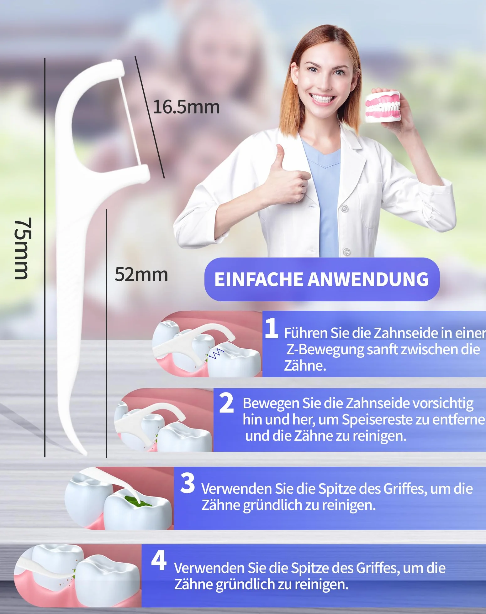 200+10 nitkównić, 3 x nić dentystyczne z wykałaczką, patyczki do zębów trzonowych, łatwe czyszczenie zębów, patyczki do wąskich przestrzeni