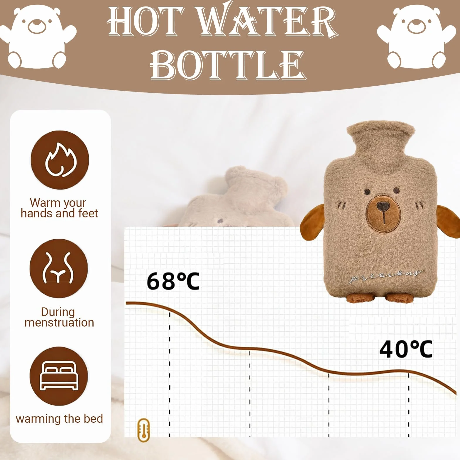 Braun Miś termofor z miękką poszewką, 1 l, pluszowa butelka na ciepło z puszystym, wzór zwierzęcy do łagodzenia bólu z ogrzewaczem do rąk, Hot Water Bottle prezent dla rodziny i przyjaciół
