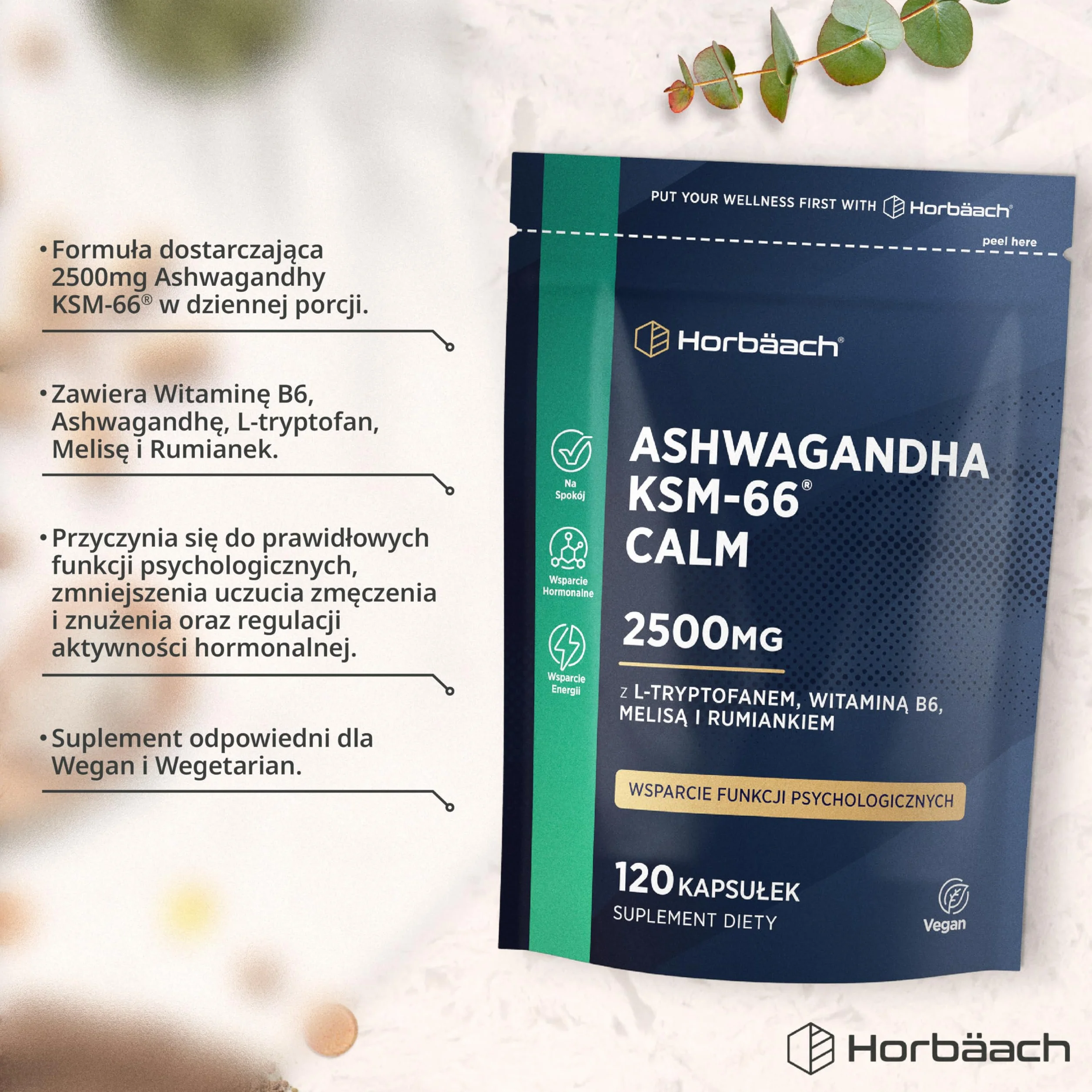 Ashwagandha KSM-66® 5000mg z Dodatkiem Aminokwasów oraz Witamin z Grupy B (B1, B2, B3, B6 i B12) | Formuła Wspierająca Spokój dla Kobiet i Mężczyzn | 60 Wegańskich Kapsułek | marki Horbaach