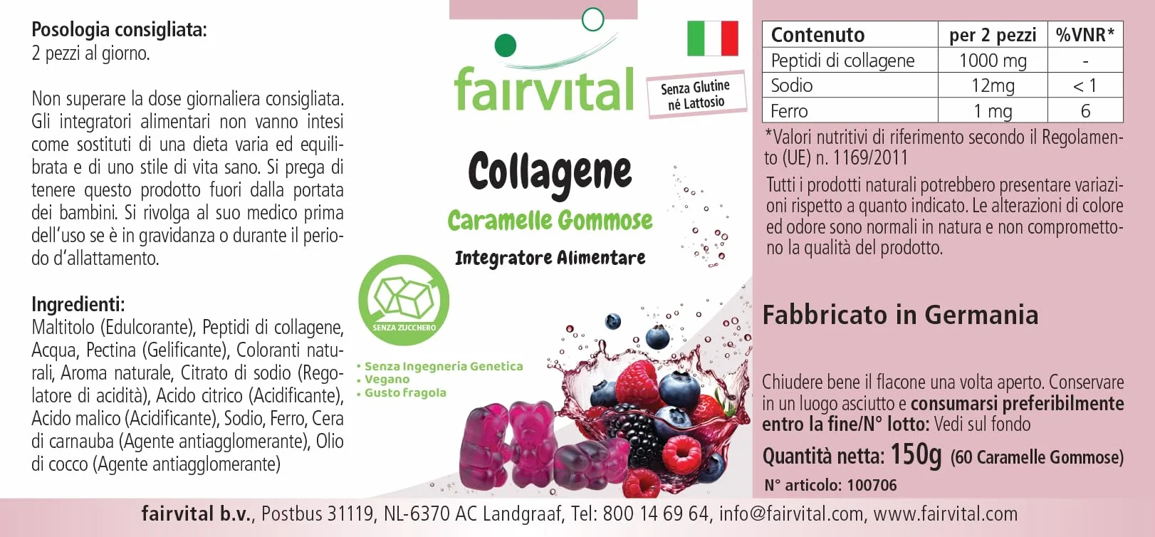 Fairvital Żelki kolagenowe 60 sztuk 1000mg z sodem i żelazem bez cukru