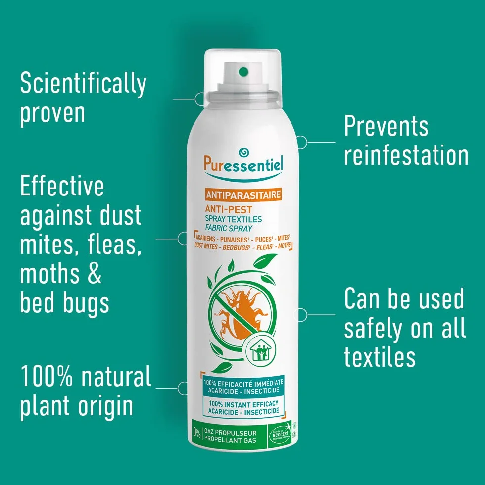 Puressentiel Spray do tkanin przeciw szkodnikom, skuteczny na roztocza, pluskwy, pchły i ćmy, 100% natychmiastowa skuteczność | środek owadobójczy | 0% gaz napędowy | 150 ml