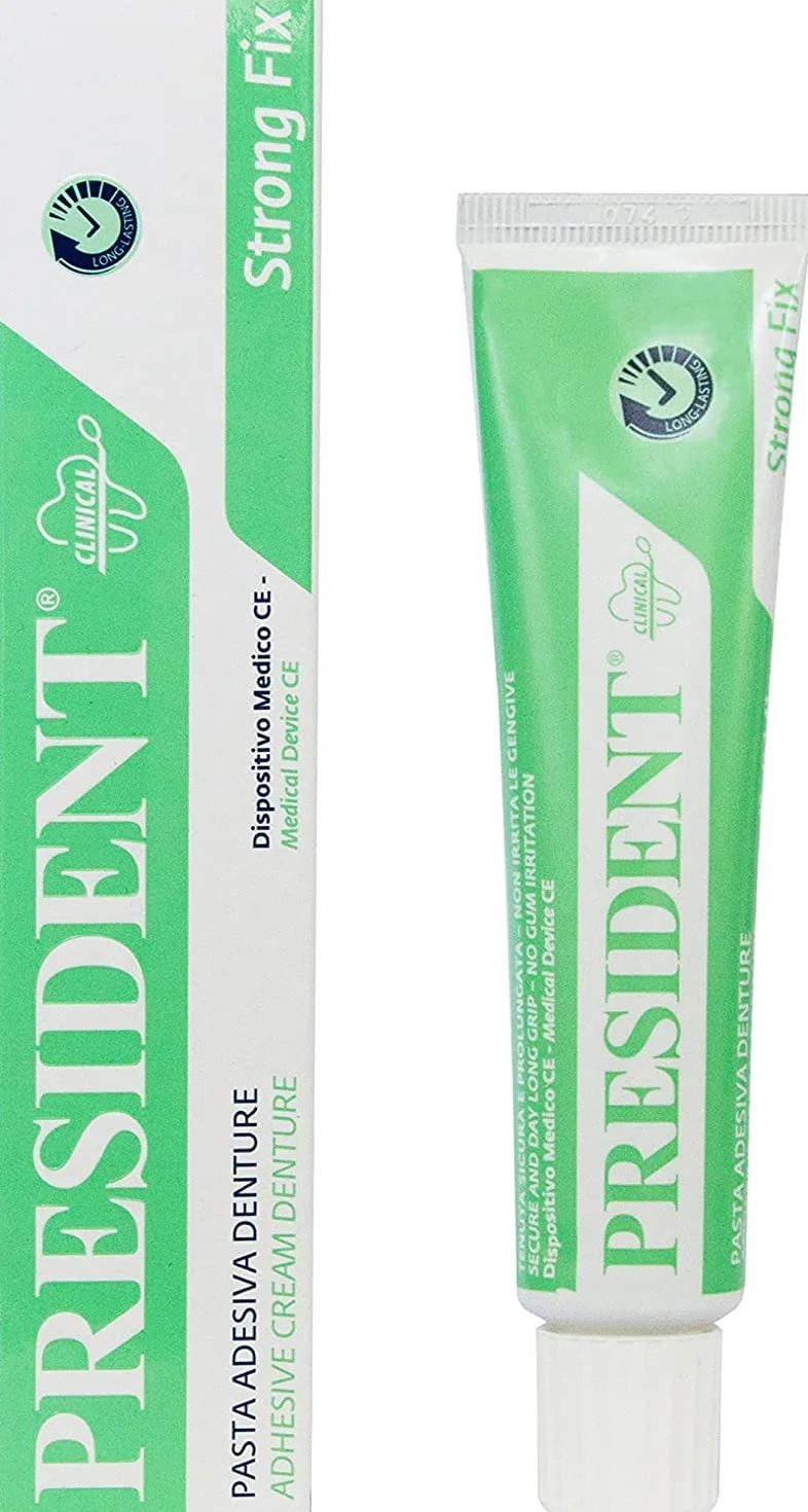 President PASTA KLEJNA DENTURE. Silne mocowanie protez, szybkie chwytanie, trwała przyczepność, zapobiega wnikaniu pokarmu, stanów zapalnych i nieświeżego oddechu - 20 g