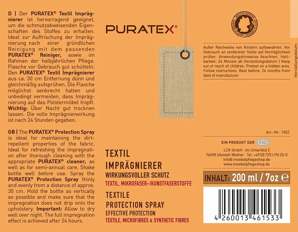 LCK PURATEX zestaw do pielęgnacji tekstyliów do wszystkich materiałów na meblach z wyjątkiem jedwabiu. Czyszczenie Pielęgnacja Impregnacja