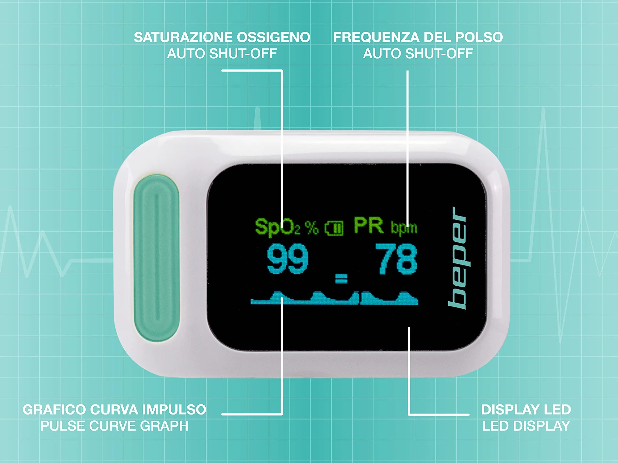 BEPER P303MED050 Pulsoksymetr Palcowy, Oksymetr, Pulsoksymetr Nasycenia Tlenem (Spo2), Częstość Tętna (Pr), Wyświetlacz LED, Zasilanie Bateryjne, Smycz w Zestawie