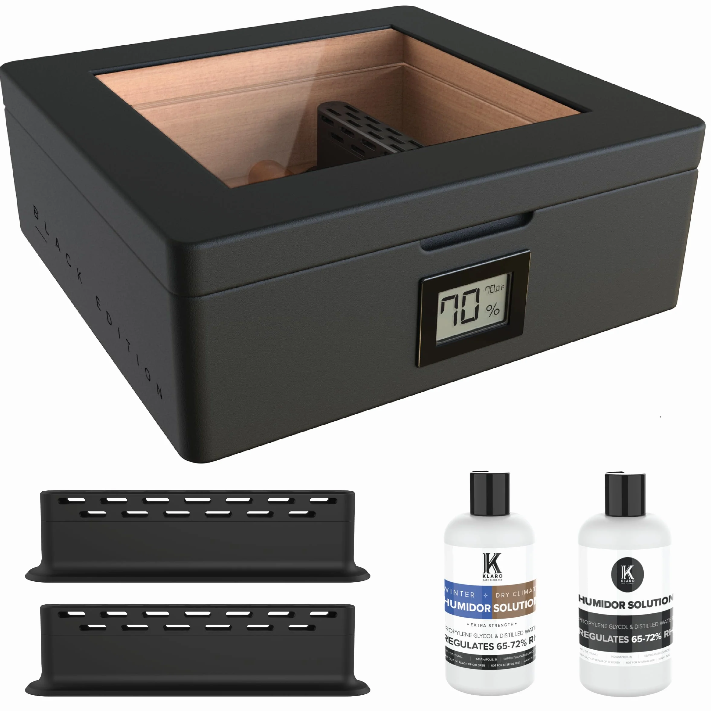 CASE ELEGANCE MAG Humidor, szklany blat z uszczelką magnetyczną, do przechowywania 20-30 cygar, czarny matowy z niestandardowym polerowanym czarnym sprzętem, higrometr cyfrowy, cedr hiszpański, nowy