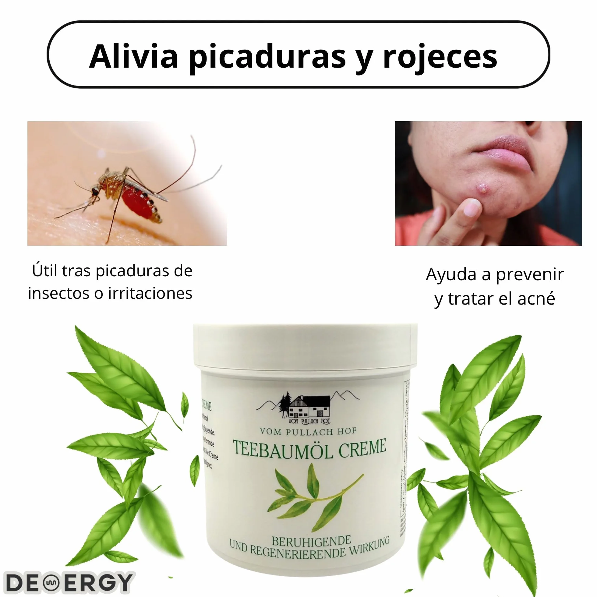 DEMERGY Naturalny krem z olejkiem z drzewa herbacianego, 250 ml, nawilżający krem do twarzy i ciała, do skóry ze skłonnością do trądziku, antyseptyczny, kojący, testowany dermatologicznie, łagodzi