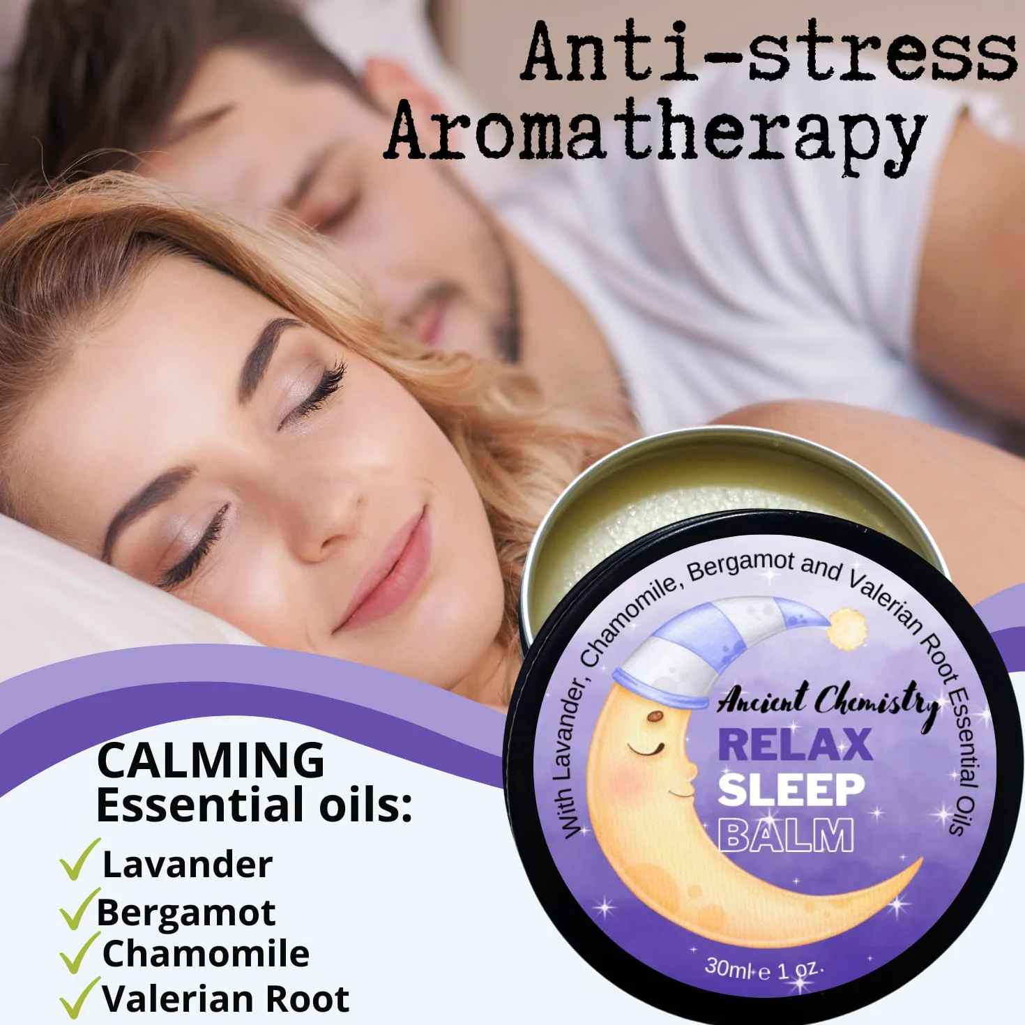 100% naturalny balsam do snu zmiękcza skórę, jednocześnie relaksując się, ocieraj o skronie lub punkty pulsu, olejek eteryczny z lawendy, bergamotki i rumianku oraz korzeń kozłka lekarskiego w