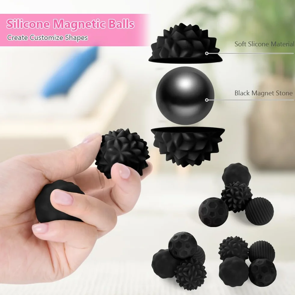 Ainiv Fidget Toys 4 silikonowe kulki magnetyczne, antystresowe, do autyzmu, tekstury, dla dorosłych i młodzieży, czarne